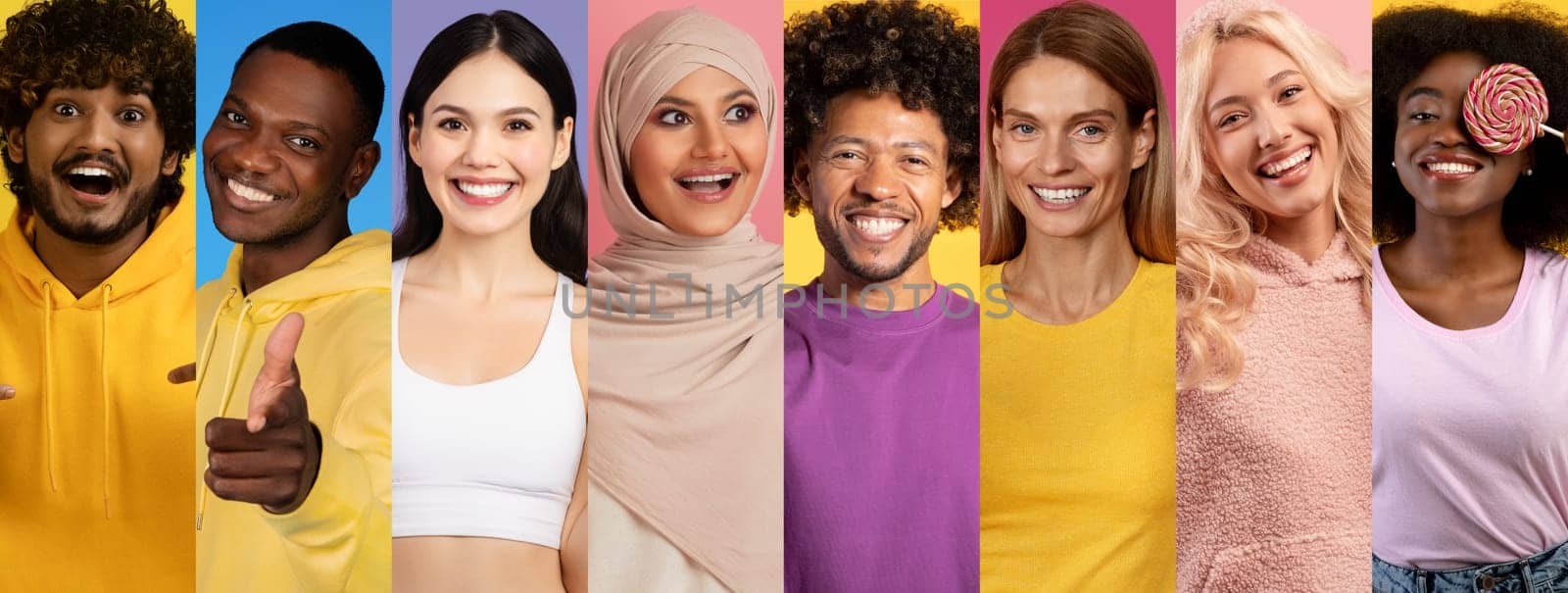 Seven individuals express happiness and positivity, showcasing diversity in a colorful setting. Each person, dressed in bright outfits, shares joy and warmth in their unique style.