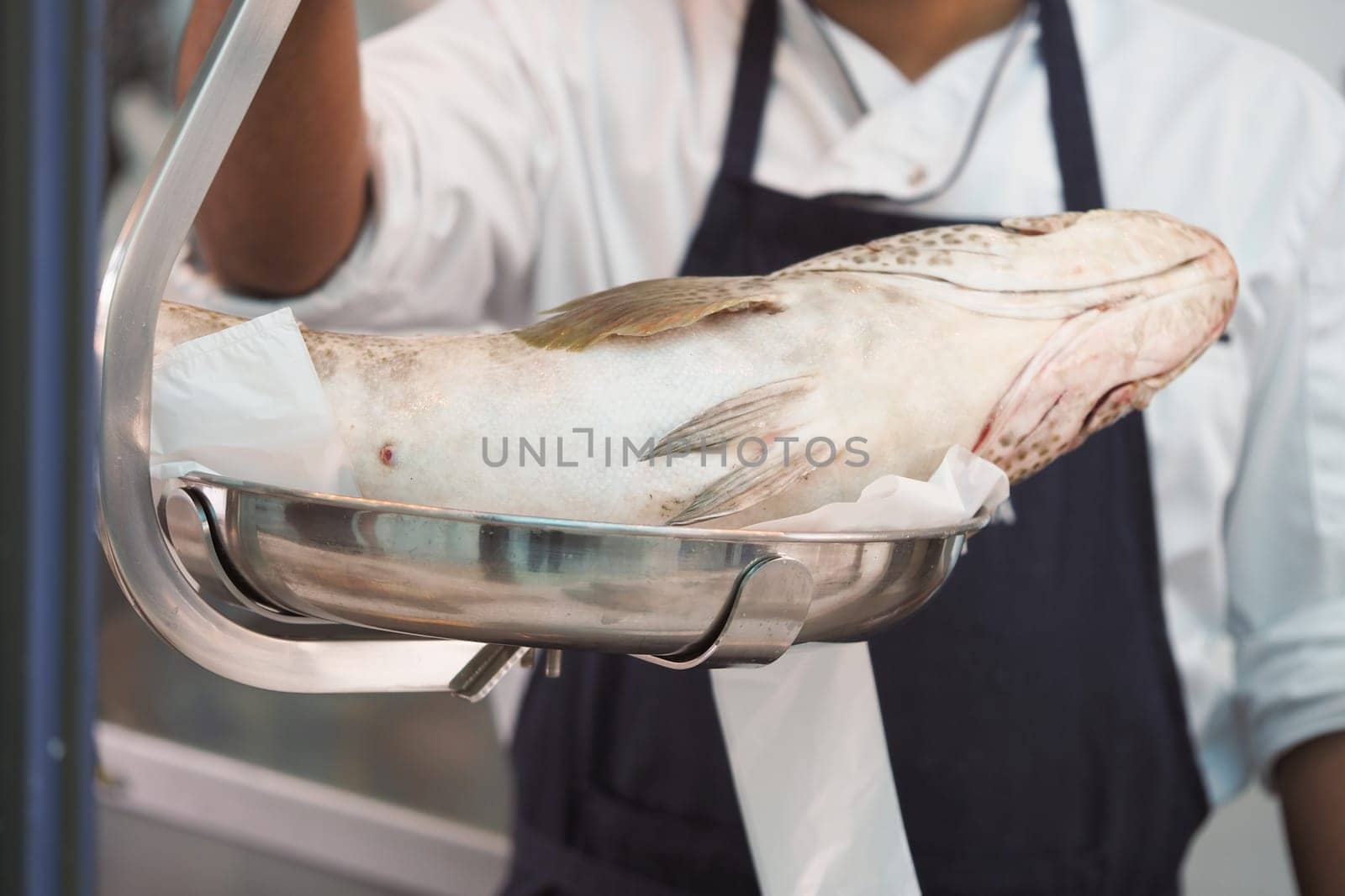 A chef presents a large fish on a stainless steel tray in a kitchen.