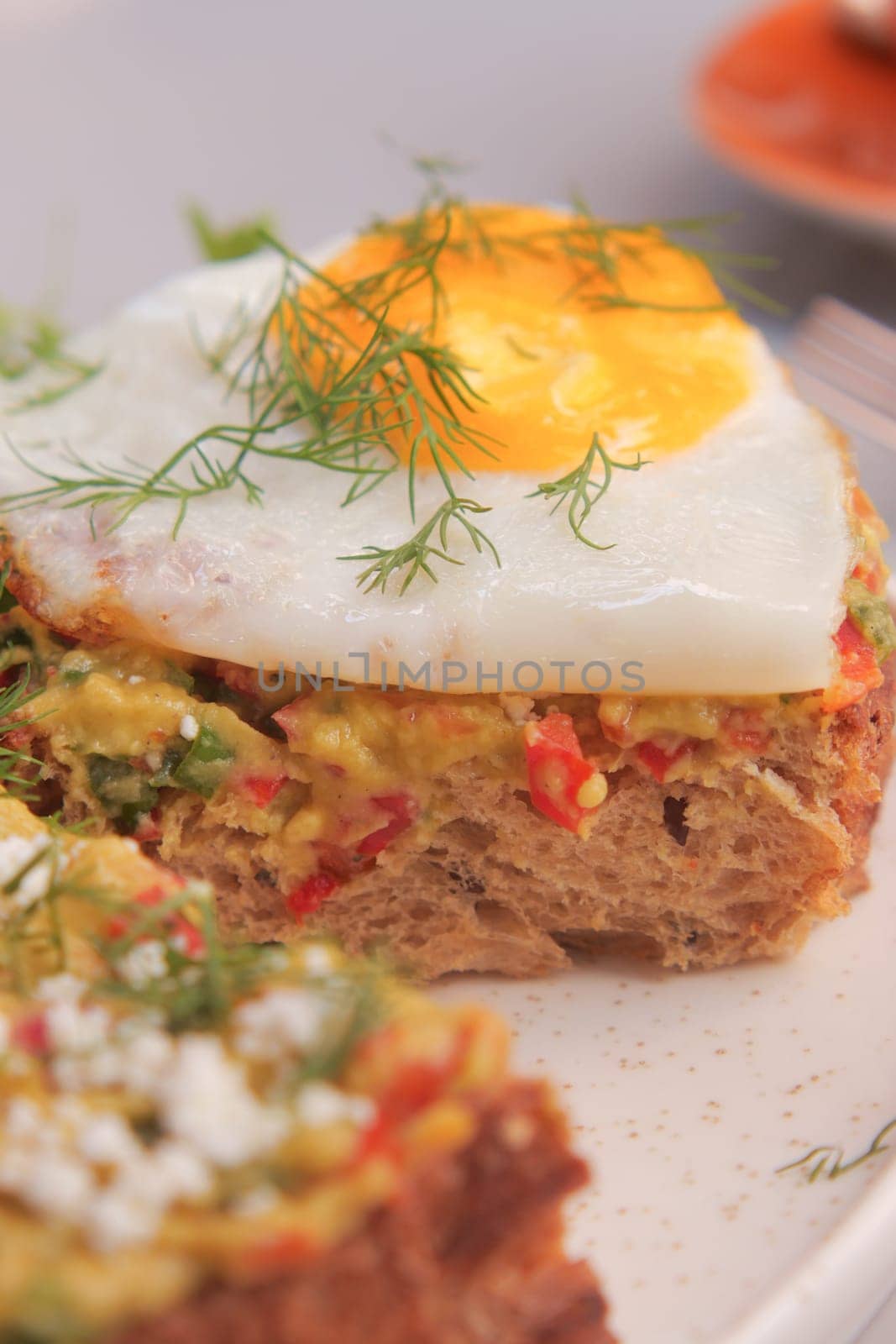 A vibrant open-faced sandwich with a fried egg and fresh herbs.