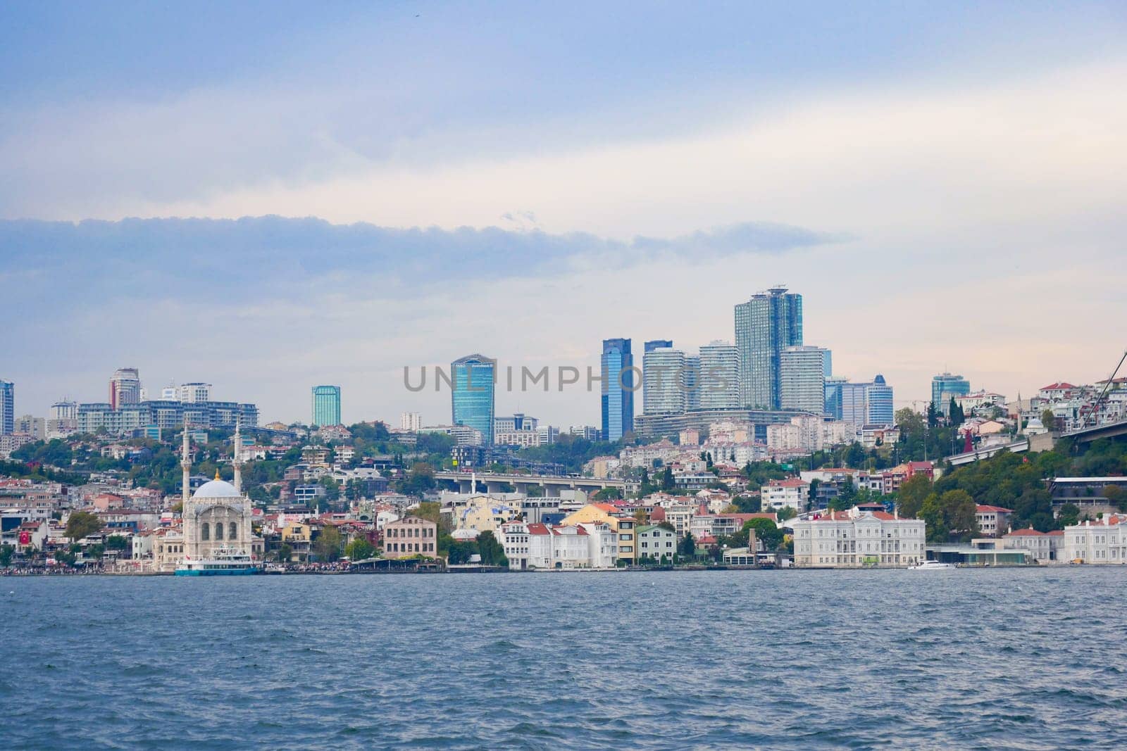 Istanbul's skyline features modern buildings along the Bosphorus strait.