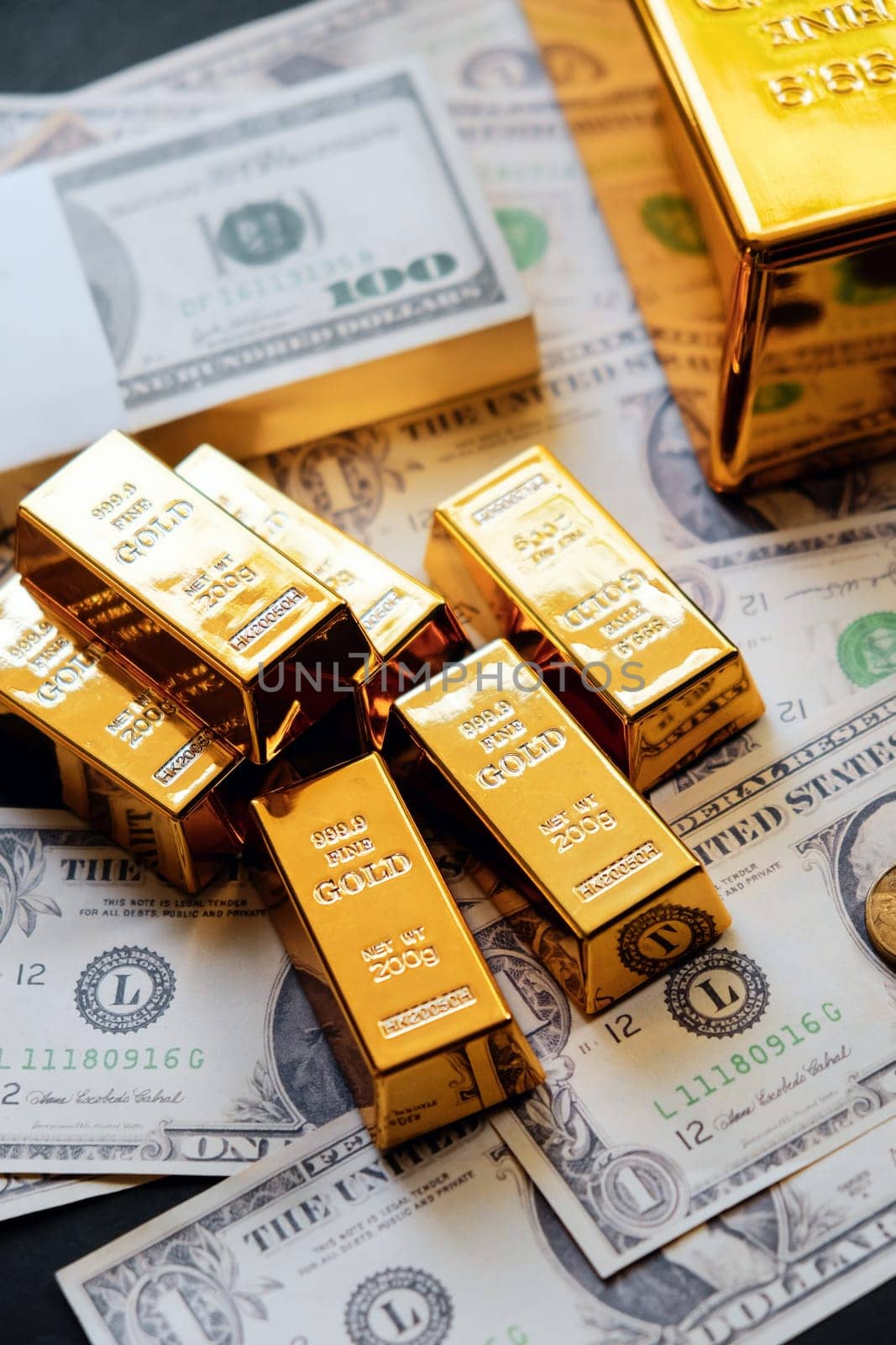 Gold bars and dollar banknotes. Business and finance investment concept.