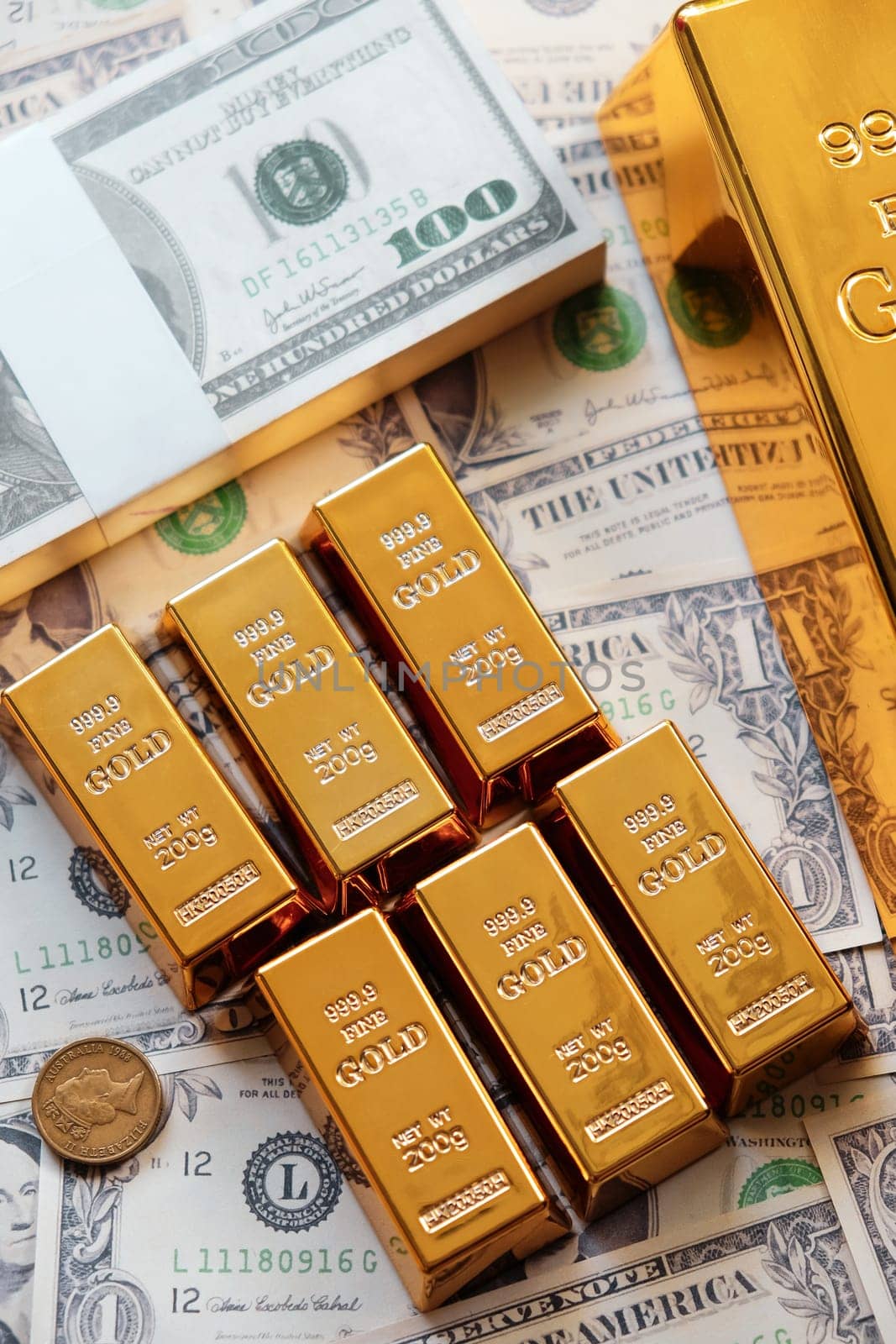 Gold bars and dollar banknotes. Business and finance investment concept.