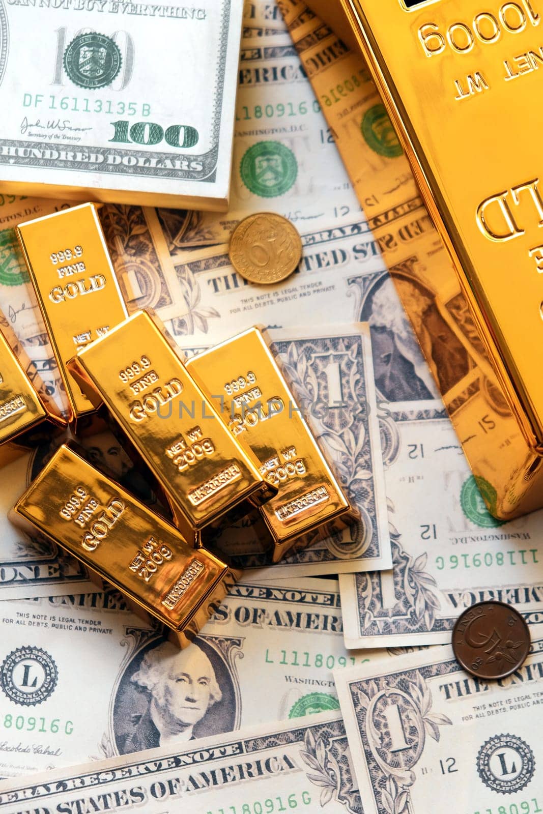 Gold bars and dollar banknotes. Business and finance investment concept.