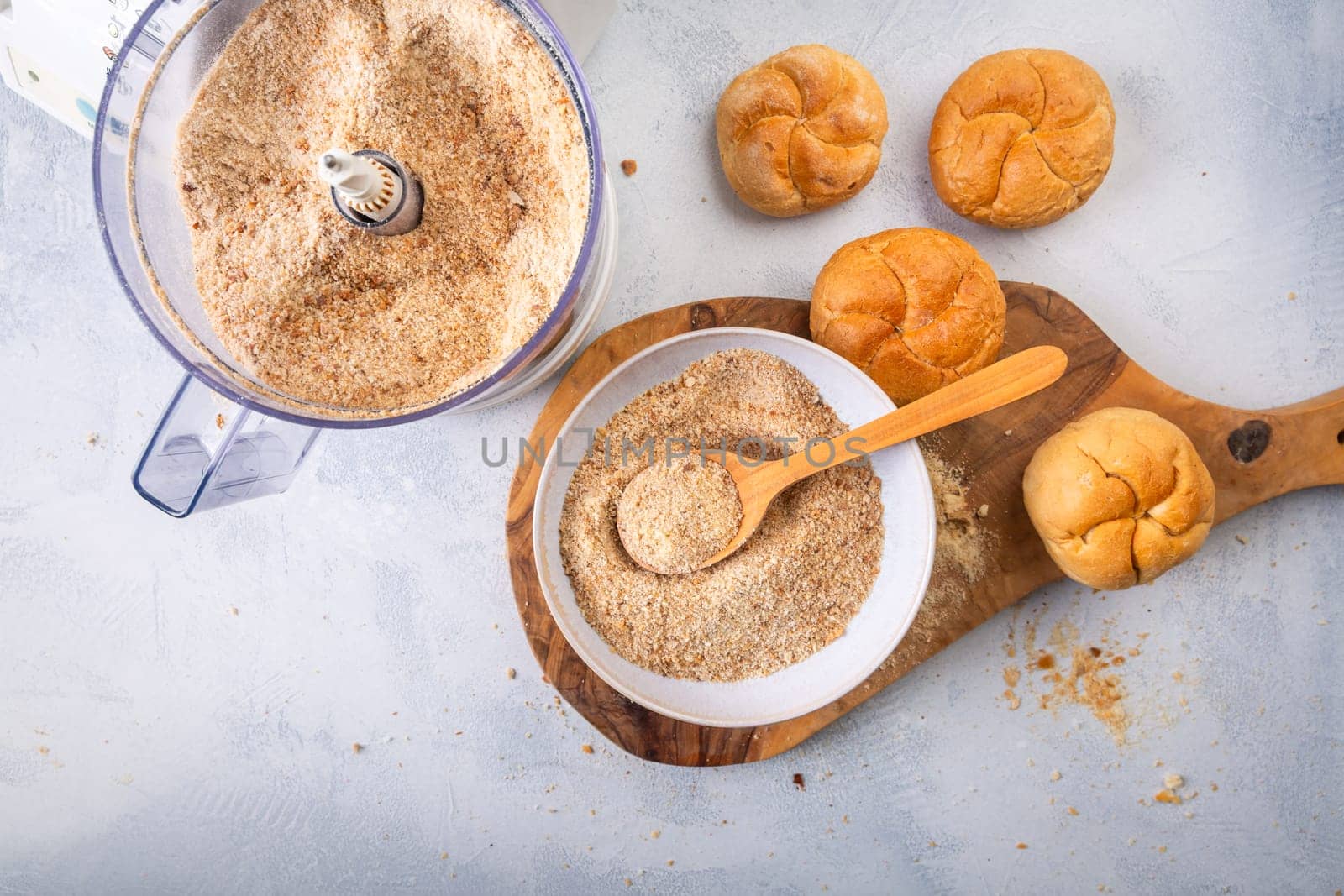 Making homemade panko and breadcrumbs from leftover bread and buns, zero waste concept