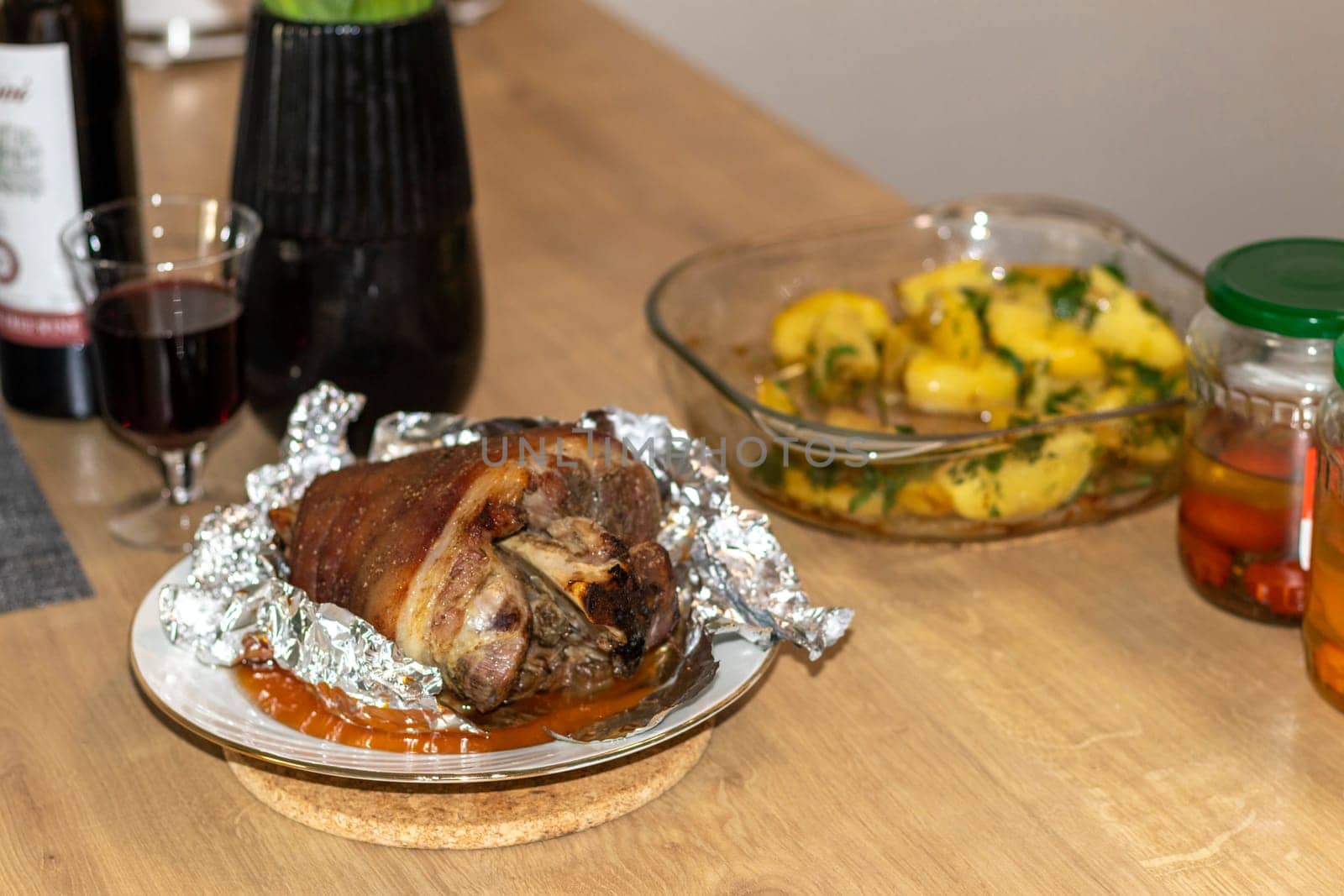 Close up shot of the roasted pork knuckle