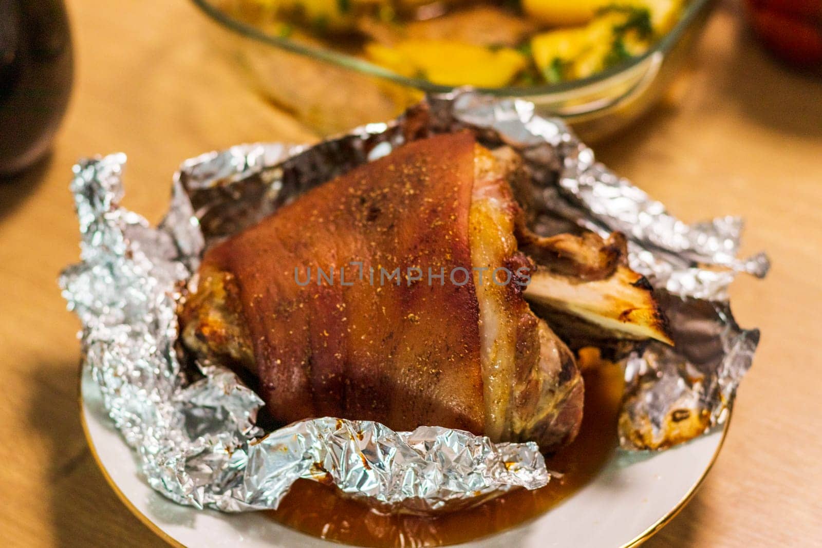 Close up shot of the roasted pork knuckle