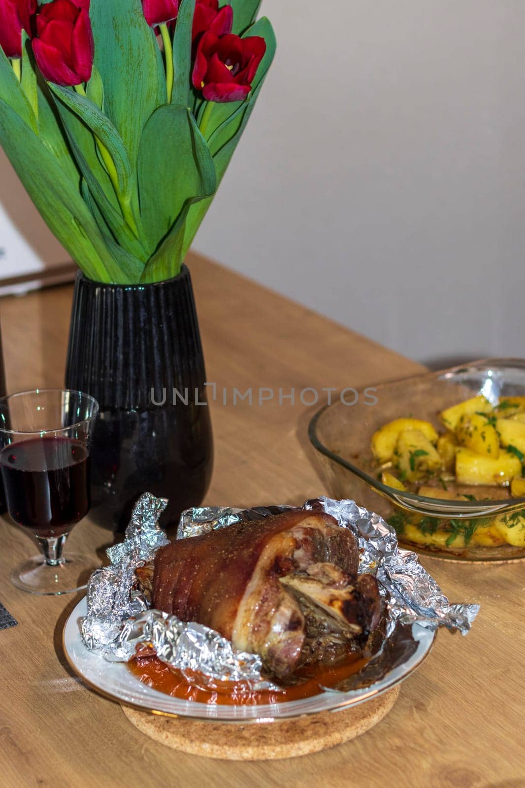 Close up shot of the roasted pork knuckle