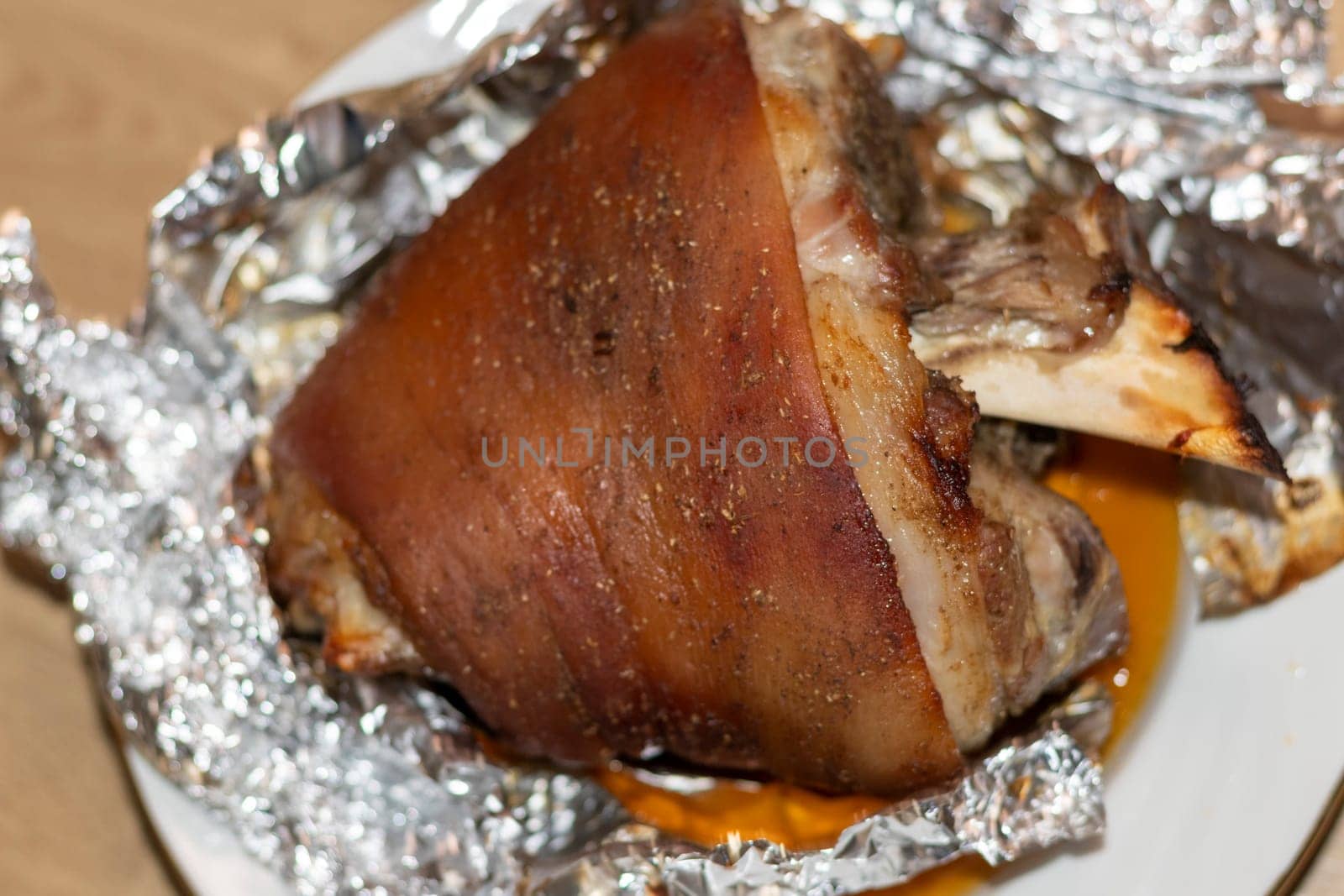 Close up shot of the roasted pork knuckle