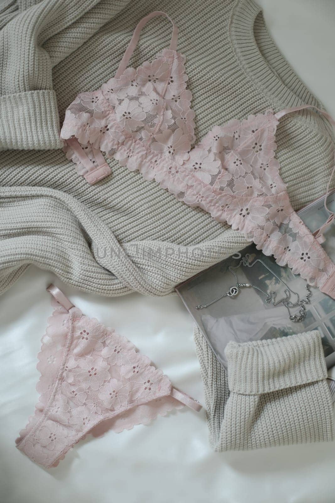 Lace sexy female underwear, flat lay top view copy space. Fashion Concept. Women's bra, panties, erotic clothes. Lingerie advertising