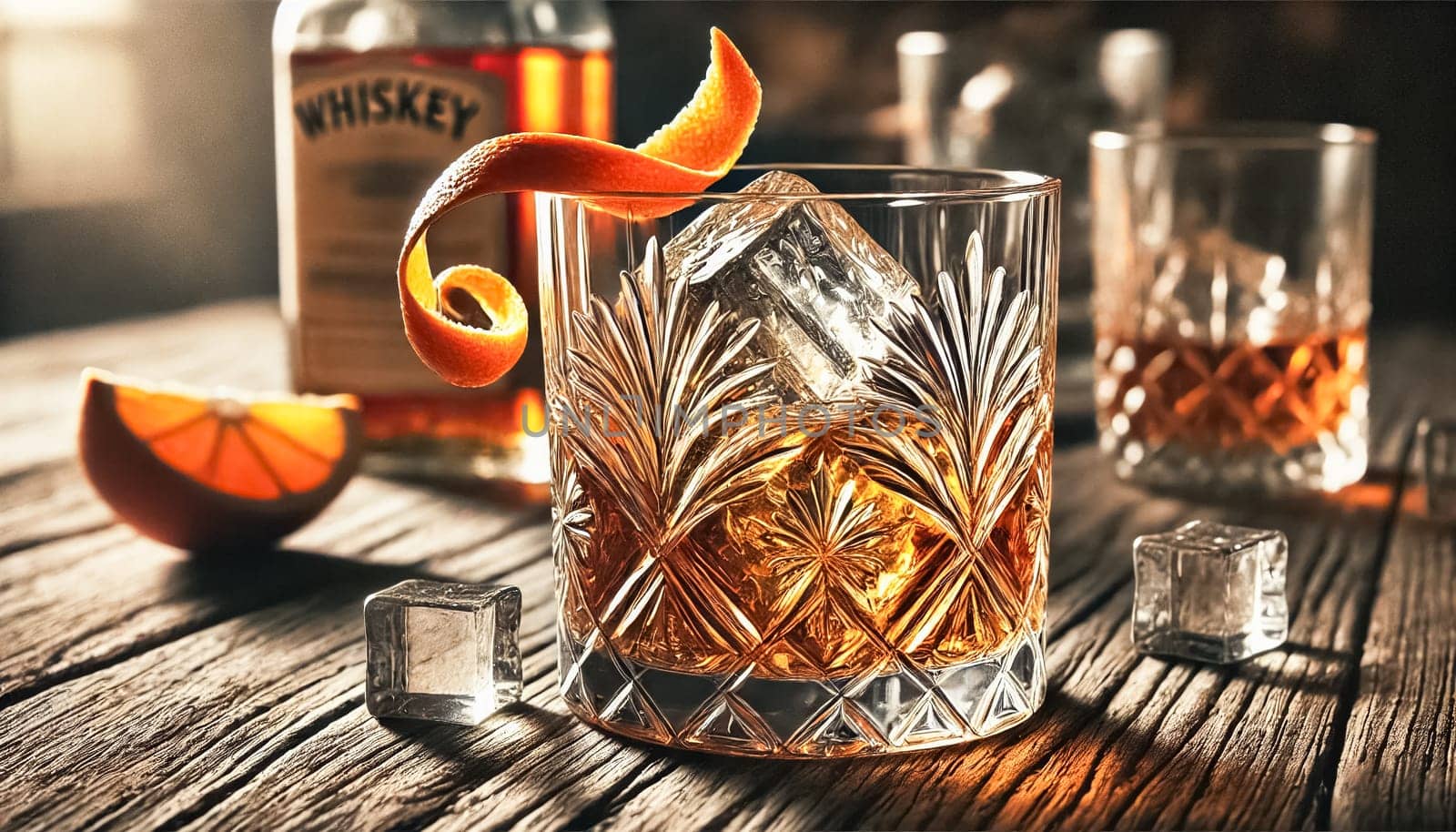 The images showcase glasses of amber whiskey on wooden tables, served in intricate, cut-glass tumblers with large ice cubes and curled orange peel garnishes. The warm lighting and soft shadows create a cozy and inviting atmosphere, focusing on the rich textures and hues of the whiskey.
