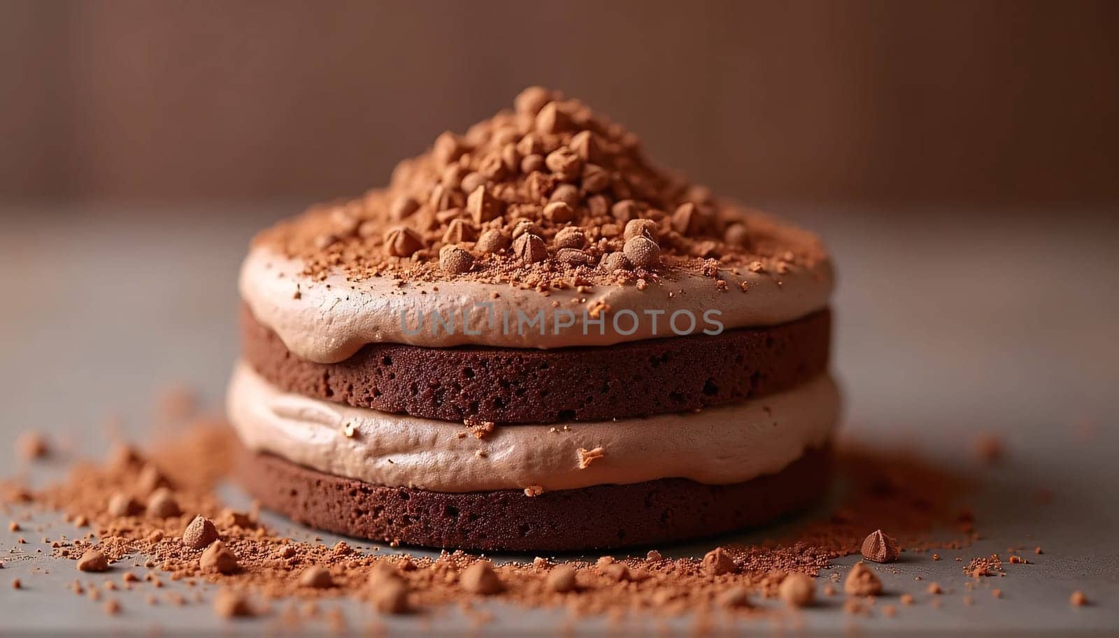 Cocoa sprinkles and rich textures adorn this chocolate mousse cake. A soft, fashionable background of brown mocha mousse . High quality photo
