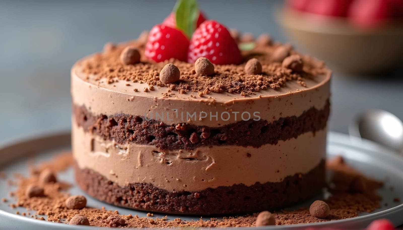 Cocoa sprinkles and rich textures adorn this chocolate mousse cake. A soft, fashionable background of brown mocha mousse . High quality photo
