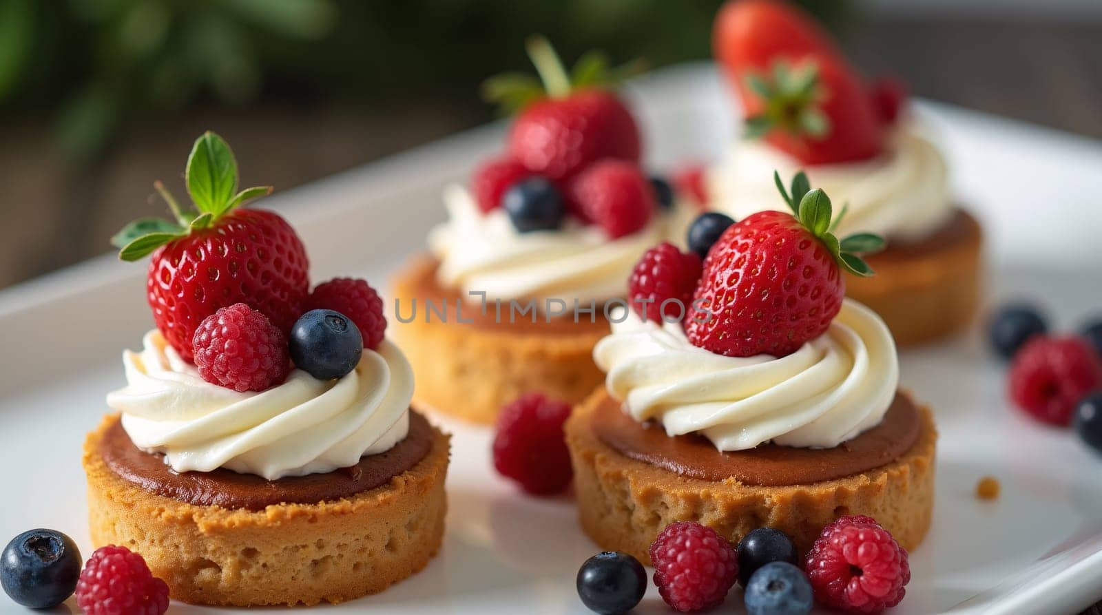 Elegantly prepared gourmet desserts with fresh berries and whipped cream that are perfect for marketing materials and culinary themes. High quality photo