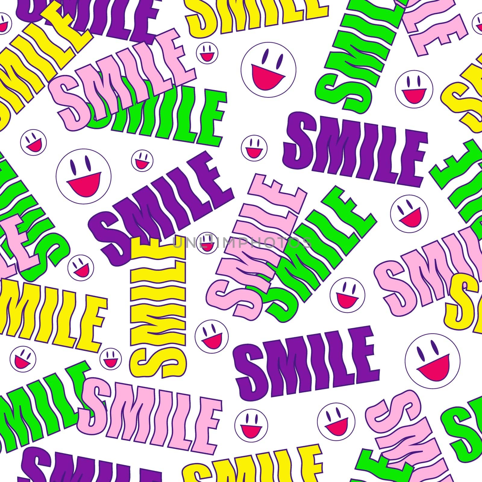 Bright playful funny seamless pattern with quote word smile