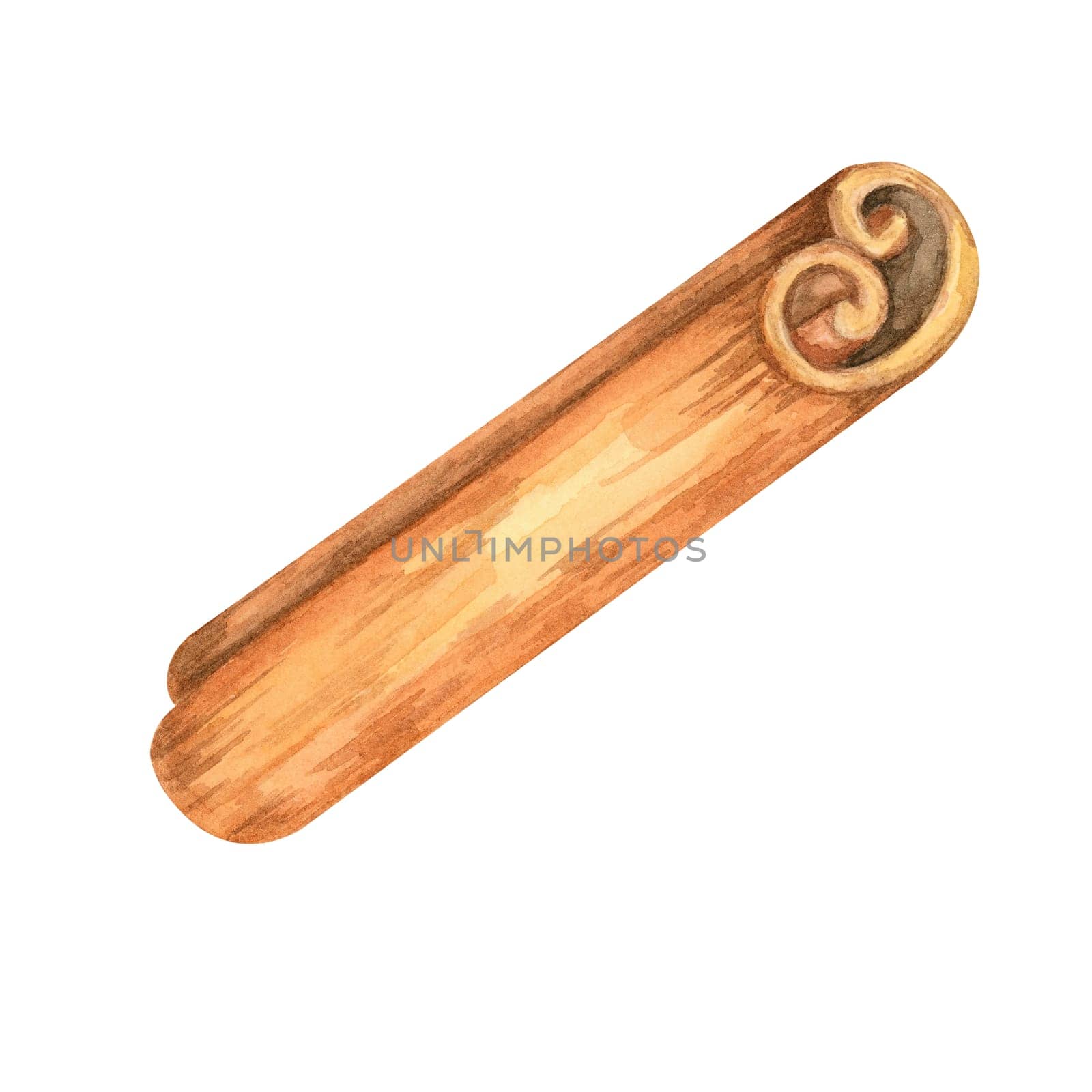 Cinnamon stick in shades of brown, watercolor clipart for food blogs, cookbooks, and kitchen-themed decor. This spice illustration adds a rustic touch to labels and seasonal cards, mulled wine recipes