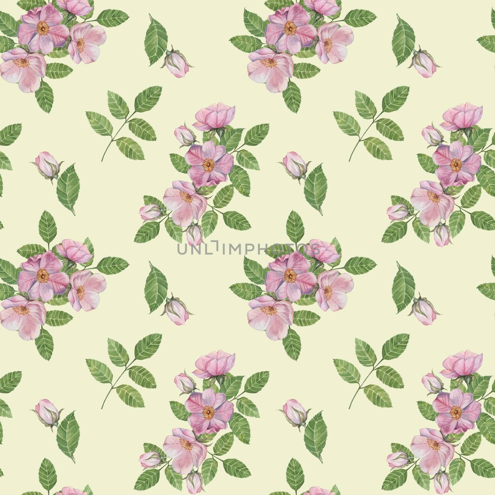 Rosa Canina flowers and rosehip buds with soft green leaves on pale yellow background. Watercolor clipart, retro seamless pattern perfect for use in home decor, textile prints, or digital backgrounds