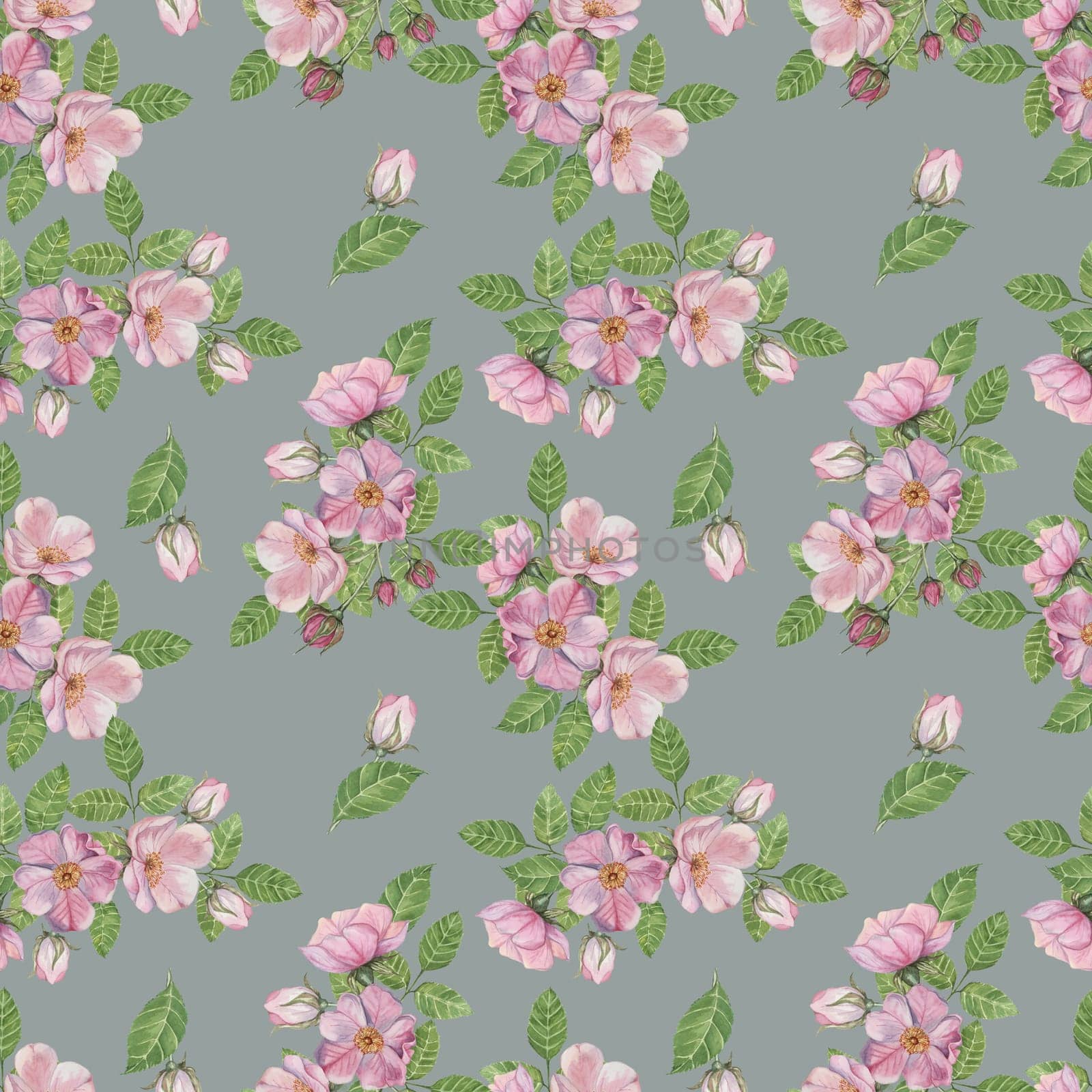 Rosa Canina flowers and rosehip buds on muted greenish grey background with vibrant green leaves. Hand painted watercolor seamless pattern clipart. Ideal for use in upholstery, notebooks, or textile