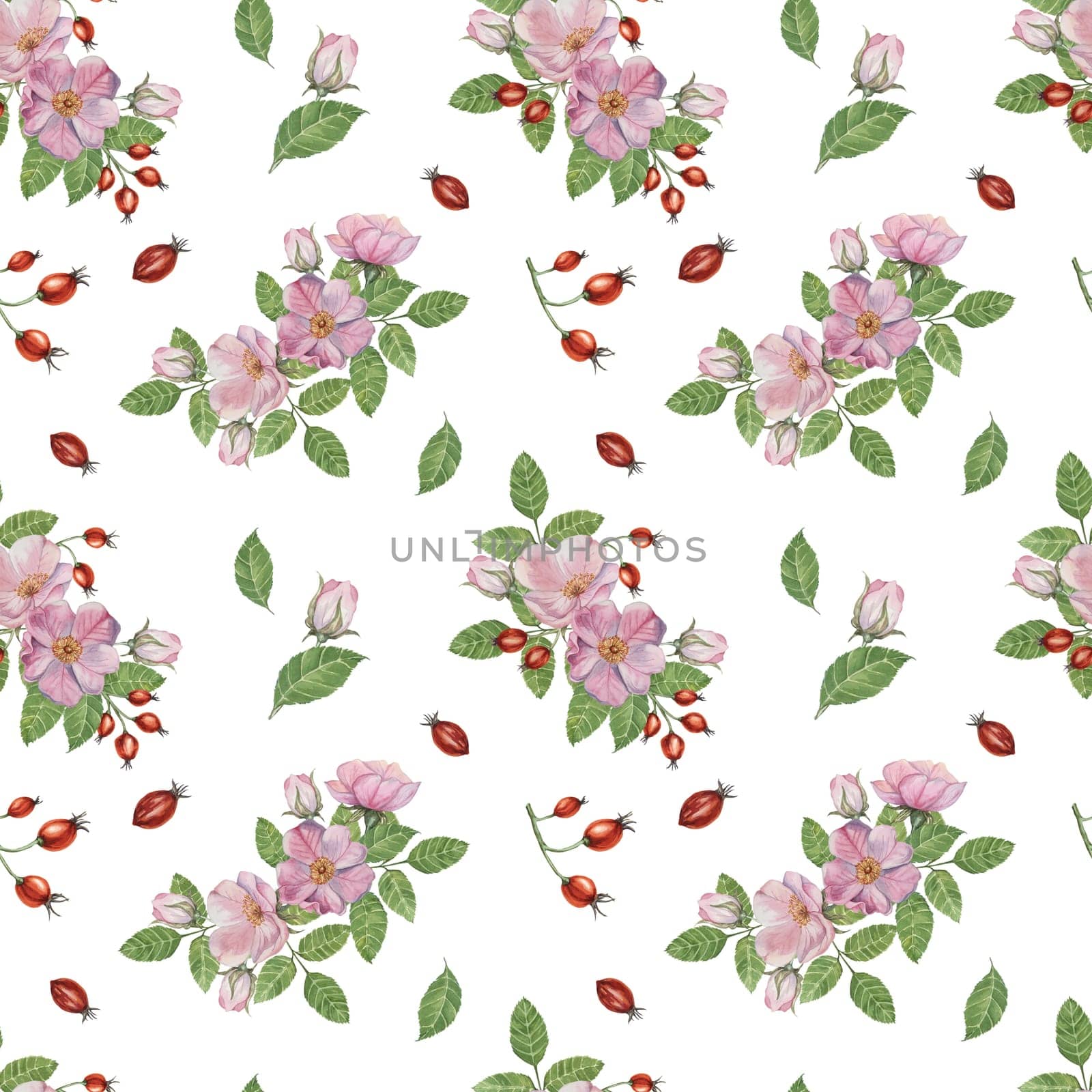Flowers of Rosa Canina, wild rose buds, rosehip, and green leaves. Watercolor clipart, seamless pattern. Ideal for fabric design, wallpapers, or stationery, offering a nature-inspired artistic touch