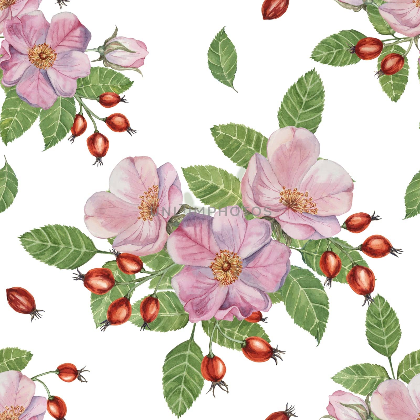 Flowers of Rosa Canina, wild rose buds, rosehip, and green leaves. Watercolor clipart, seamless pattern. Ideal for fabric design, wallpapers, or stationery, offering a nature-inspired artistic touch