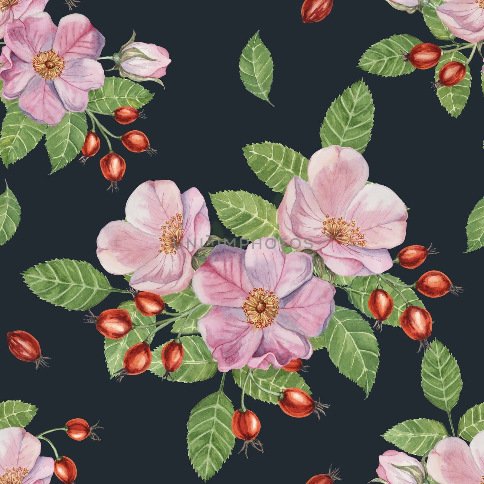 Flowers of Rosa Canina, wild rose buds, rosehip, and green leaves. Watercolor clipart, seamless pattern. Ideal for fabric design, wallpapers, or stationery, offering a nature-inspired artistic touch