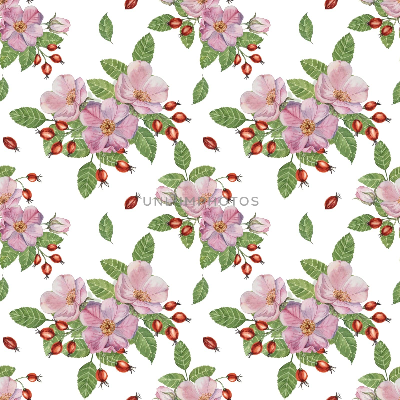 Flowers of Rosa Canina, wild rose buds, rosehip, and green leaves. Watercolor clipart, seamless pattern. Ideal for fabric design, wallpapers, or stationery, offering a nature-inspired artistic touch