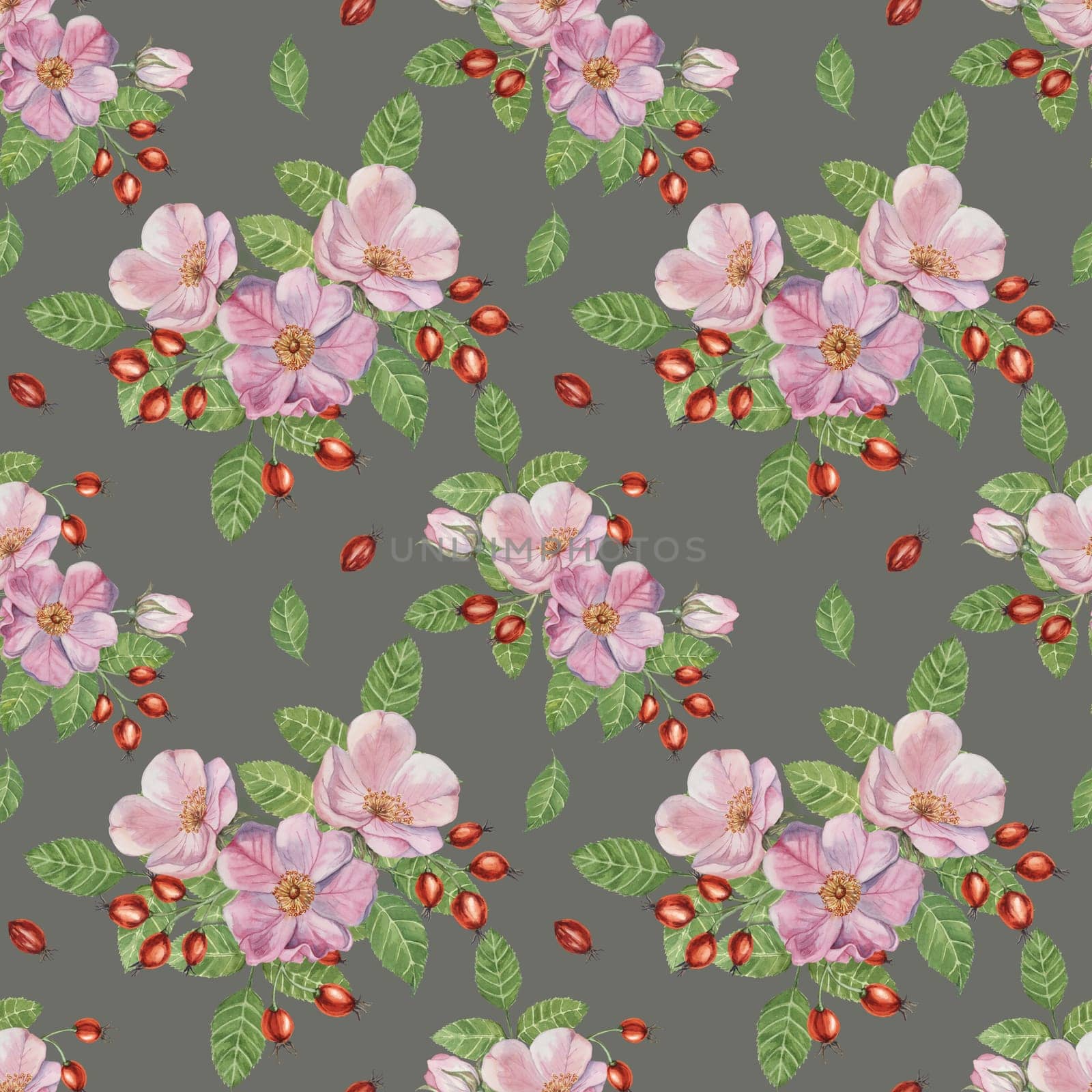 Flowers of Rosa Canina, wild rose buds, rosehip, and green leaves. Watercolor clipart, seamless pattern. Ideal for fabric design, wallpapers, or stationery, offering a nature-inspired artistic touch