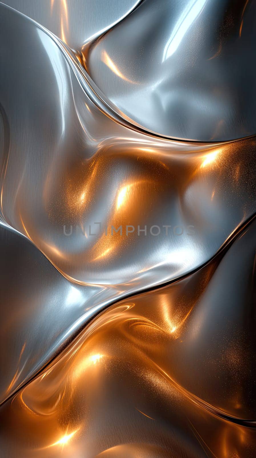 Waves of metallic fabric create a dynamic texture featuring a blend of silver and orange tones. Soft lighting highlights the curves, enhancing the visual interest of the material.