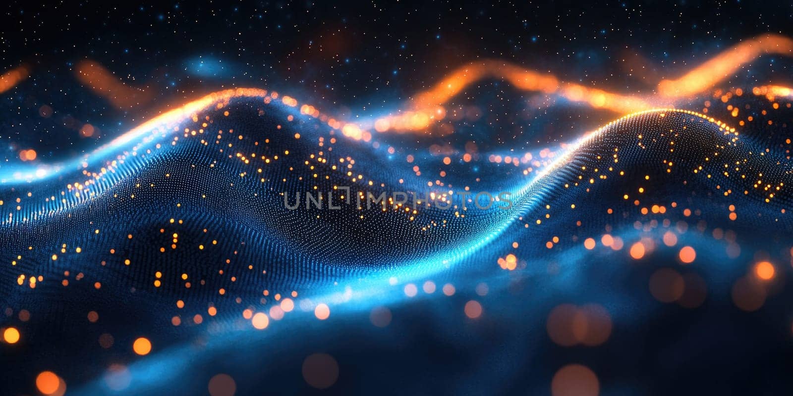 Flowing waves of light create a mesmerizing display of bright orange and blue particles against a dark backdrop, evoking a sense of movement and energy in the digital realm.