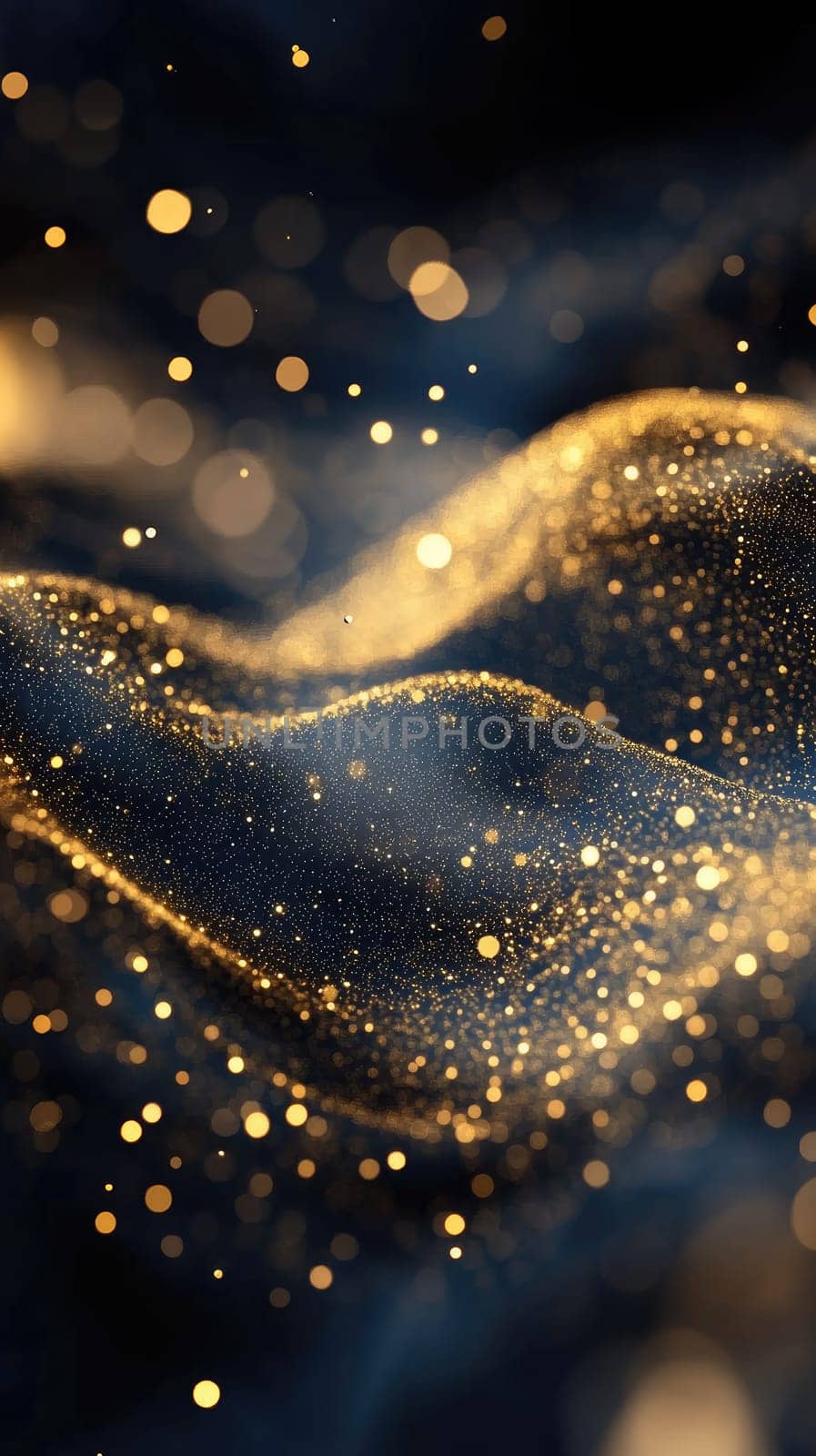 Golden particles swirl and dance in a soft wave pattern, creating an enchanting abstract visual against a dark background. The scene evokes a sense of elegance and tranquility.