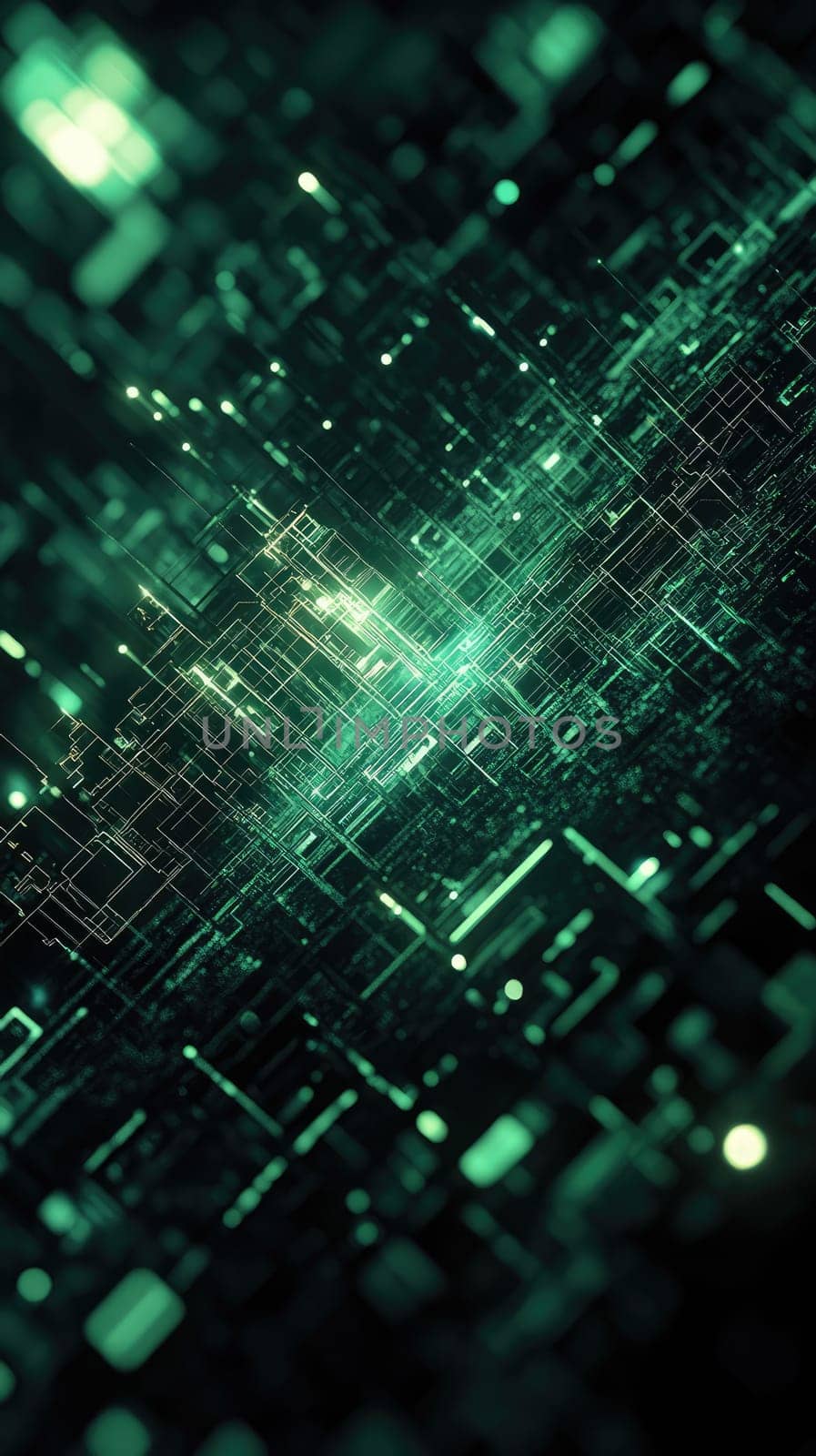 Complex patterns of circuitry emerge in a vibrant green atmosphere, illustrating a digital landscape. The interplay of light and dark creates depth and intrigue, immersing viewers in technology.