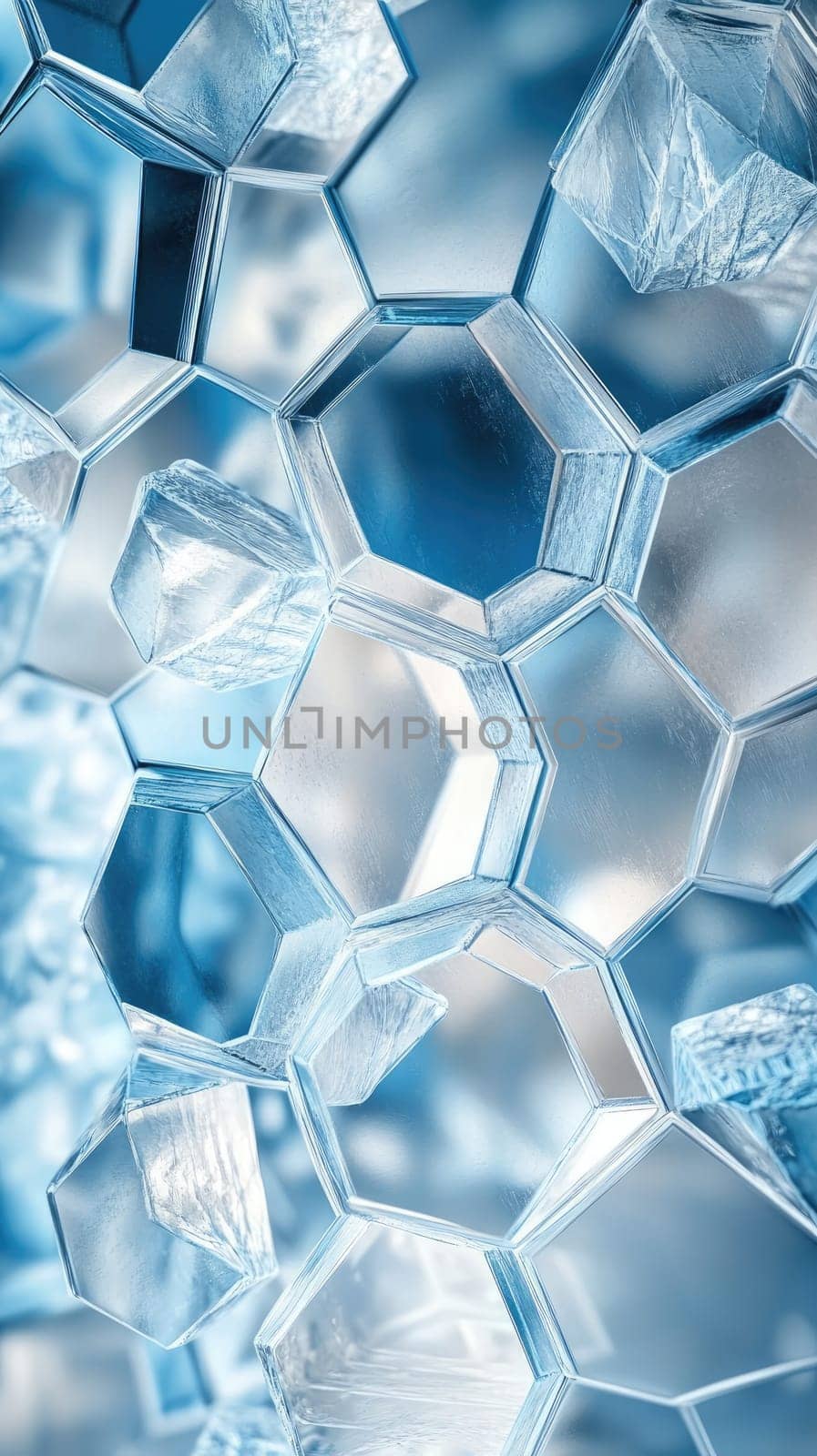 Delicate hexagonal ice crystals cluster together, creating a stunning blue pattern. The detail showcases the natural beauty of frozen water in an abstract form.