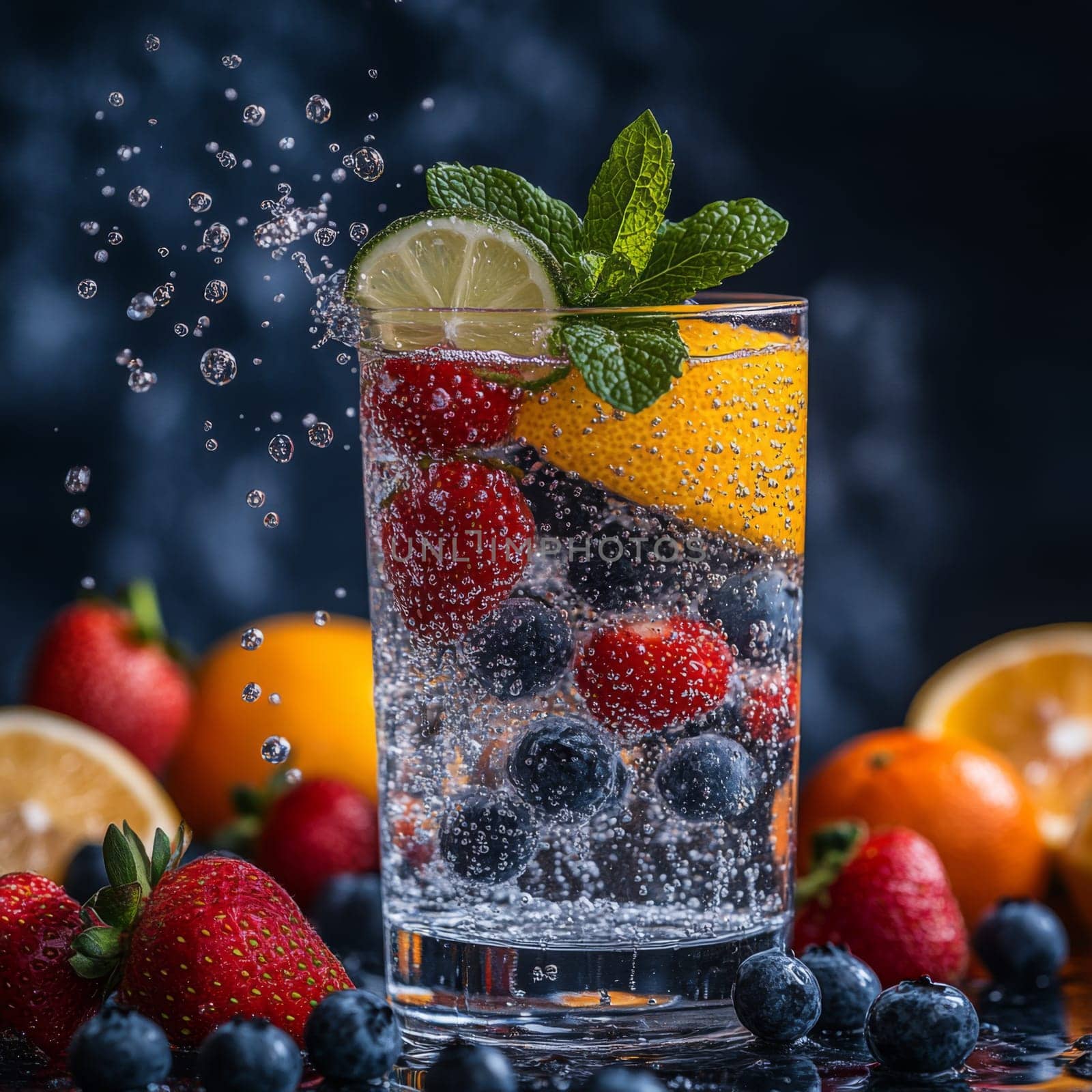 Sparkling water splashes as it mixes with fresh citrus slices and berries enhancing hydration. This healthy infused water combines flavors and nutrients for a refreshing drink ideal anytime.