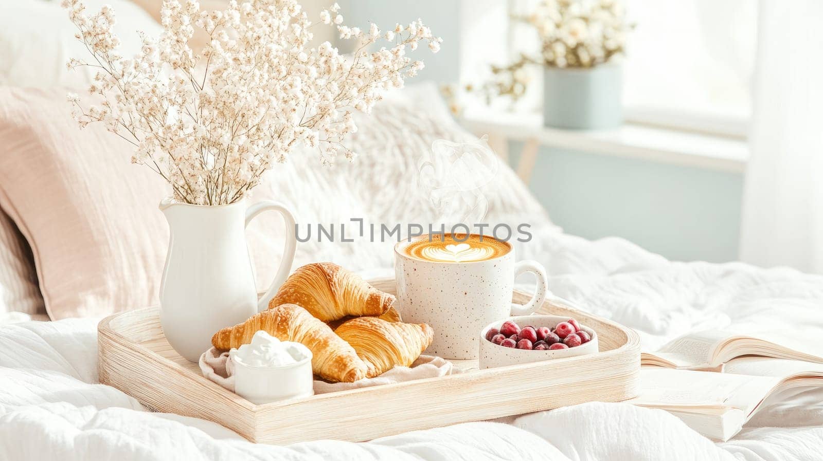 A cozy tray holds a warm cup of coffee with latte art, flaky croissants, fresh berries, and cream, set on a soft bed with natural light streaming in.