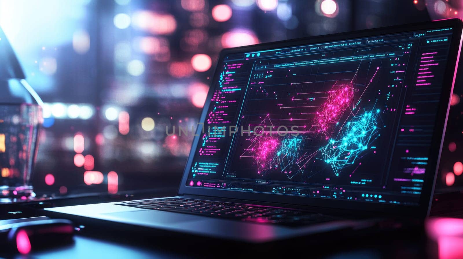 A sleek laptop displays vibrant data visualizations and charts, illuminated by neon lights in a bustling cityscape. The atmosphere reflects advanced technology and innovation.