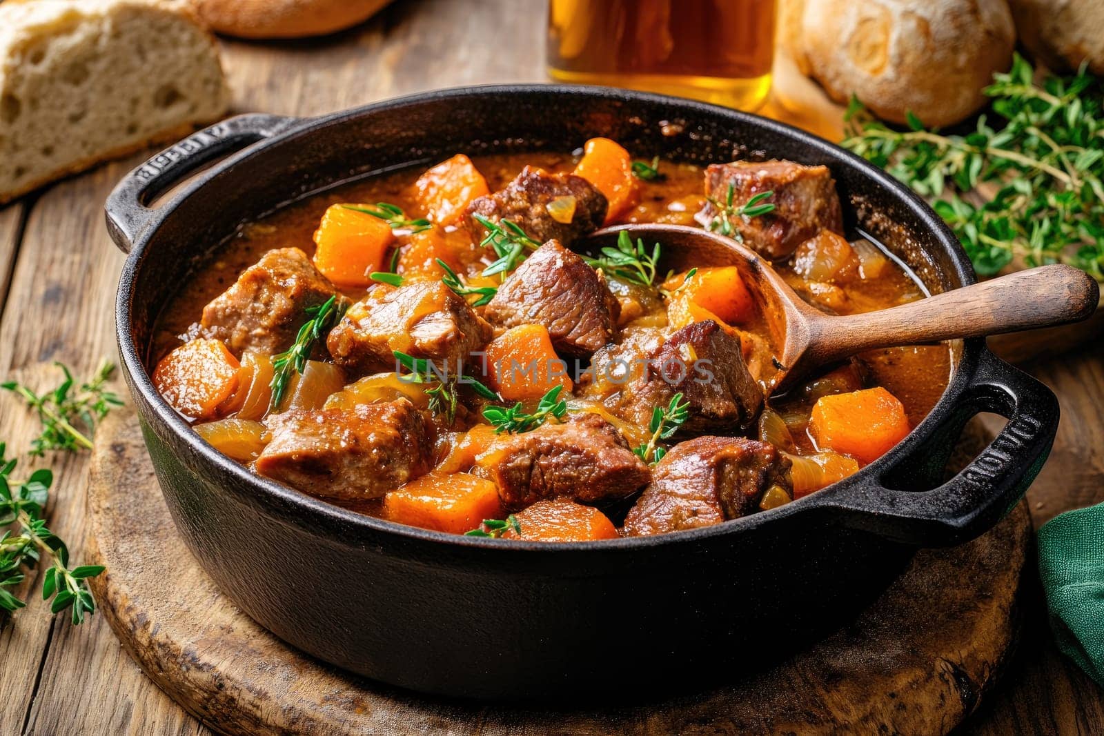 A black pot filled with tender beef, carrots, and fresh herbs is simmering on a rustic wooden table, accompanied by bread and a drink, creating a cozy atmosphere.