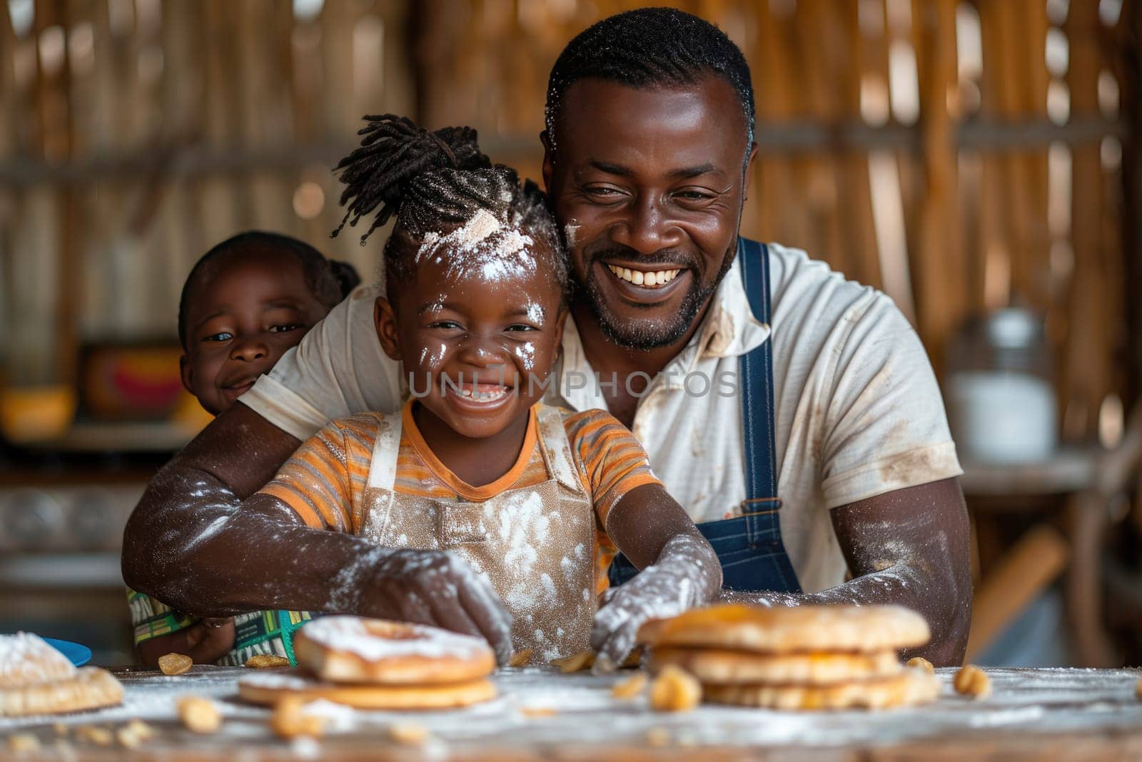 A joyful father and his two children engage in baking together. Flour dusts their faces and hands as they shape pancakes in a wooden kitchen filled with warmth and laughter.