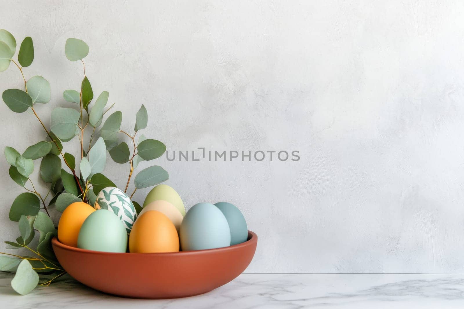 A stylish and minimalist Easter centerpiece showcases simple colored Easter eggs arranged in a bowl on a marble countertop, complemented by fresh eucalyptus leaves, perfect for seasonal decor.
