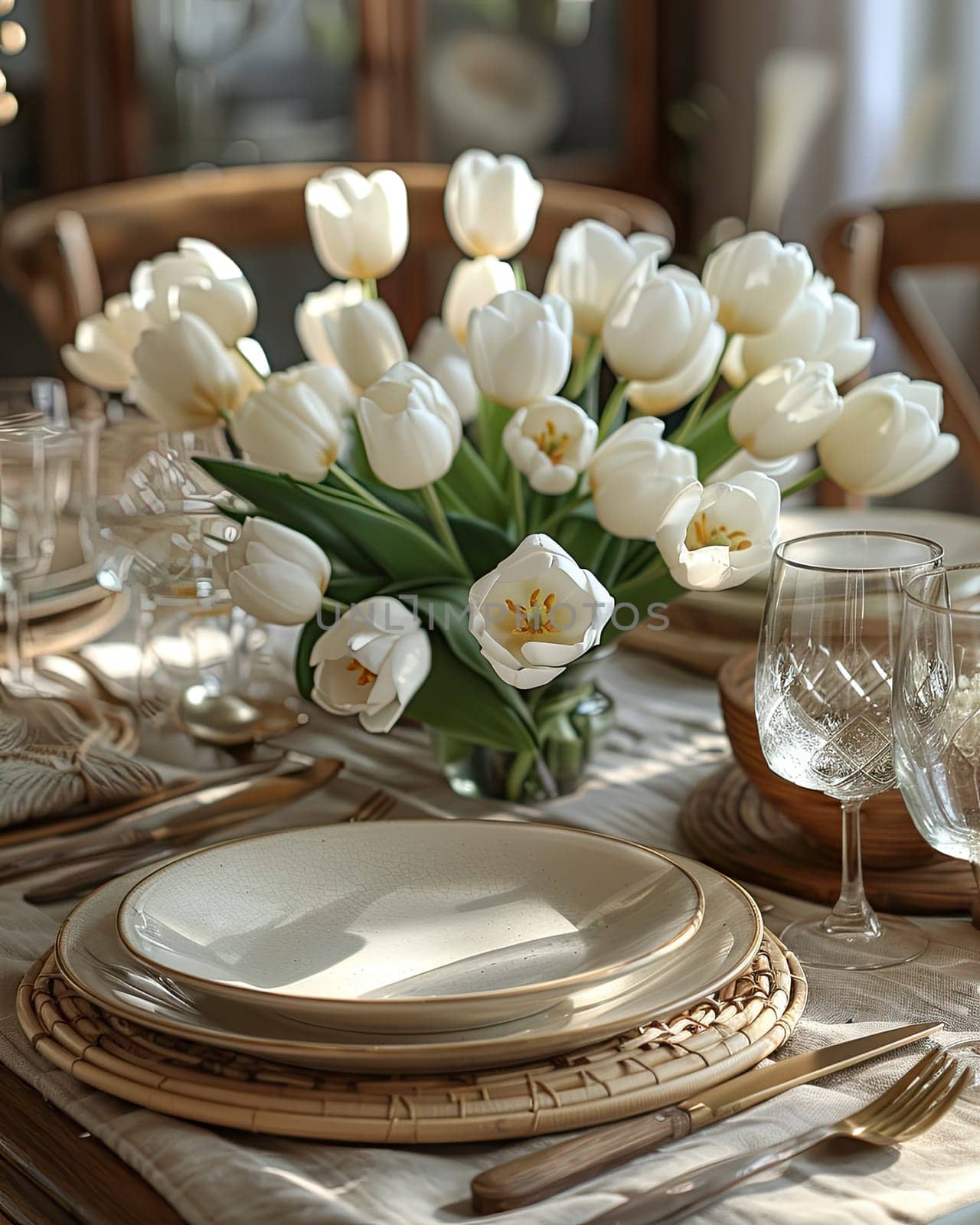 An inviting dining table showcases a beautiful arrangement of white tulips in a vase, surrounded by fine tableware and glasses for a spring gathering.
