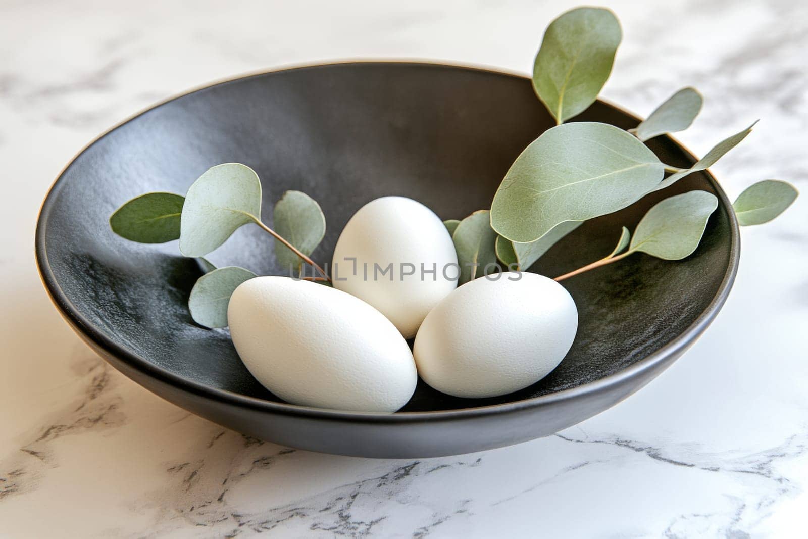 White eggs arranged in a sleek black bowl with fresh eucalyptus leaves create a minimalist Easter centerpiece.