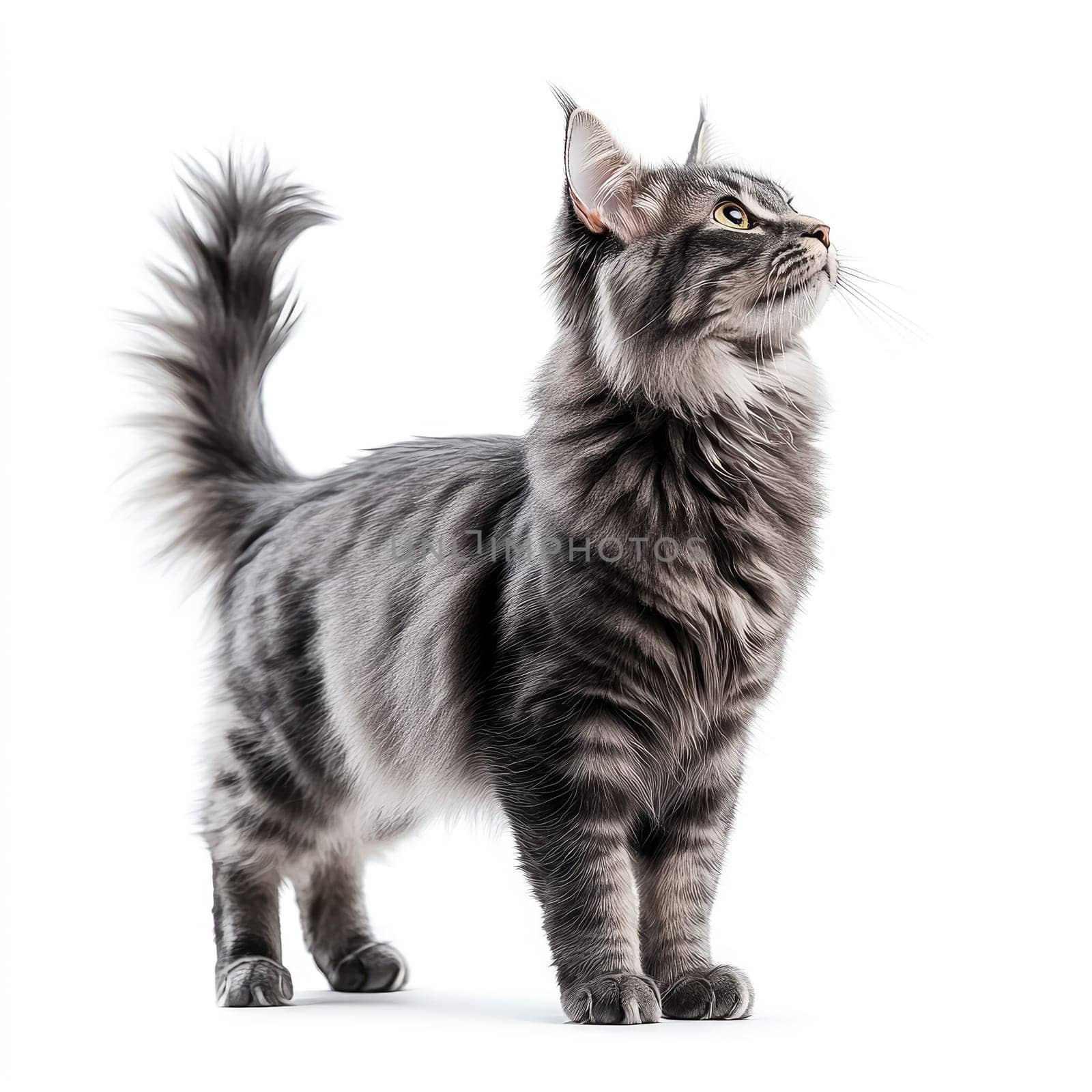 A Maine Coon cat with striking gray and black fur stands tall on a smooth surface, gazing upward with curiosity. Its large ears and fluffy tail add to its charm in this bright setting.