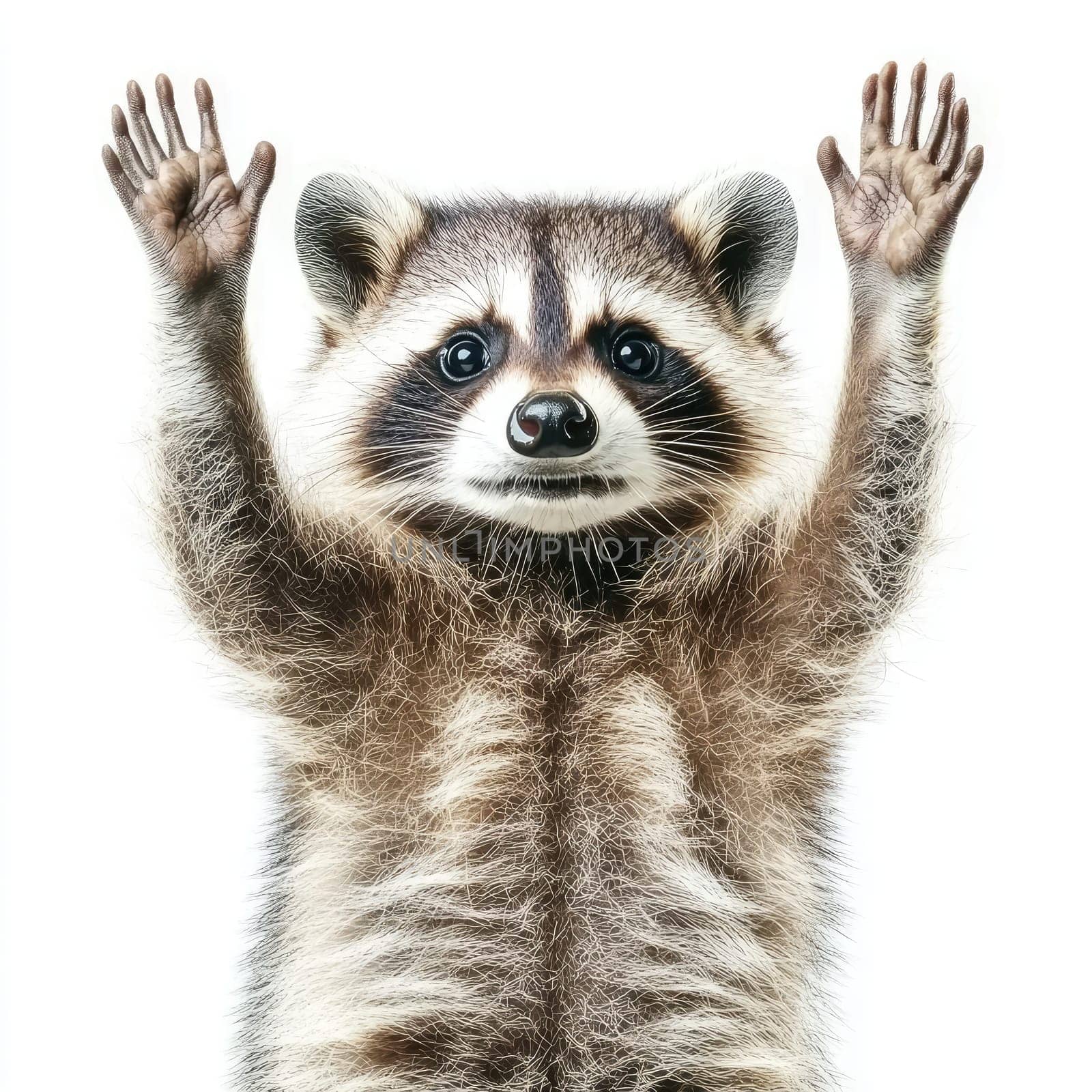 A lively raccoon stands upright with its paws raised, showcasing an inquisitive and friendly demeanor. Its large eyes and fluffy fur create an endearing appearance, inviting interaction.