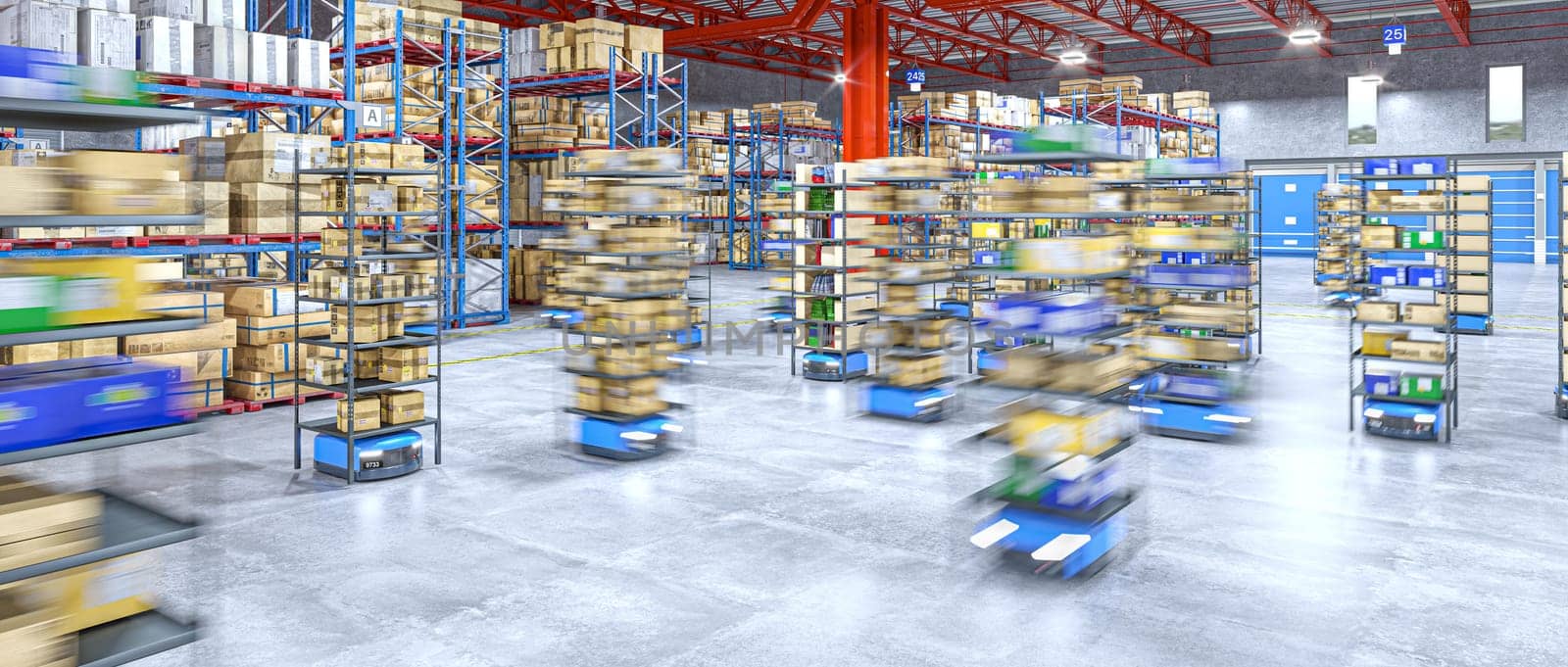 3d Smart automated guided vehicles  in modern warehouse