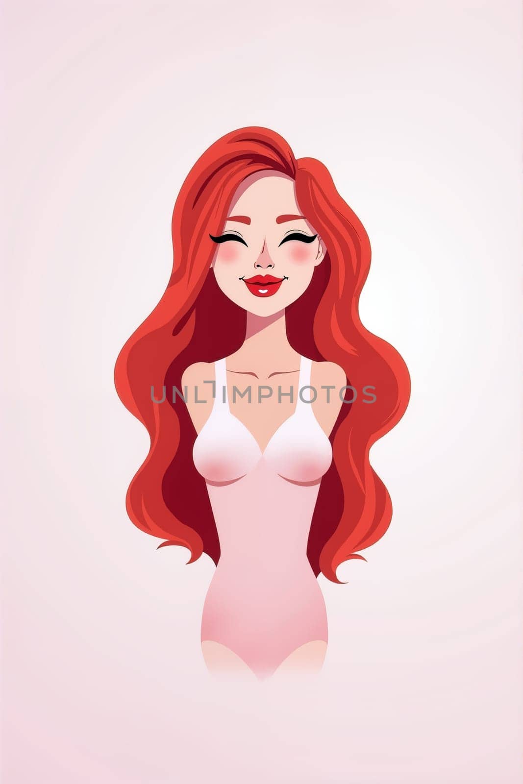 A cheerful young woman with flowing red hair stands confidently, wearing a simple outfit and exuding positivity in a minimalistic setting. Generative AI.