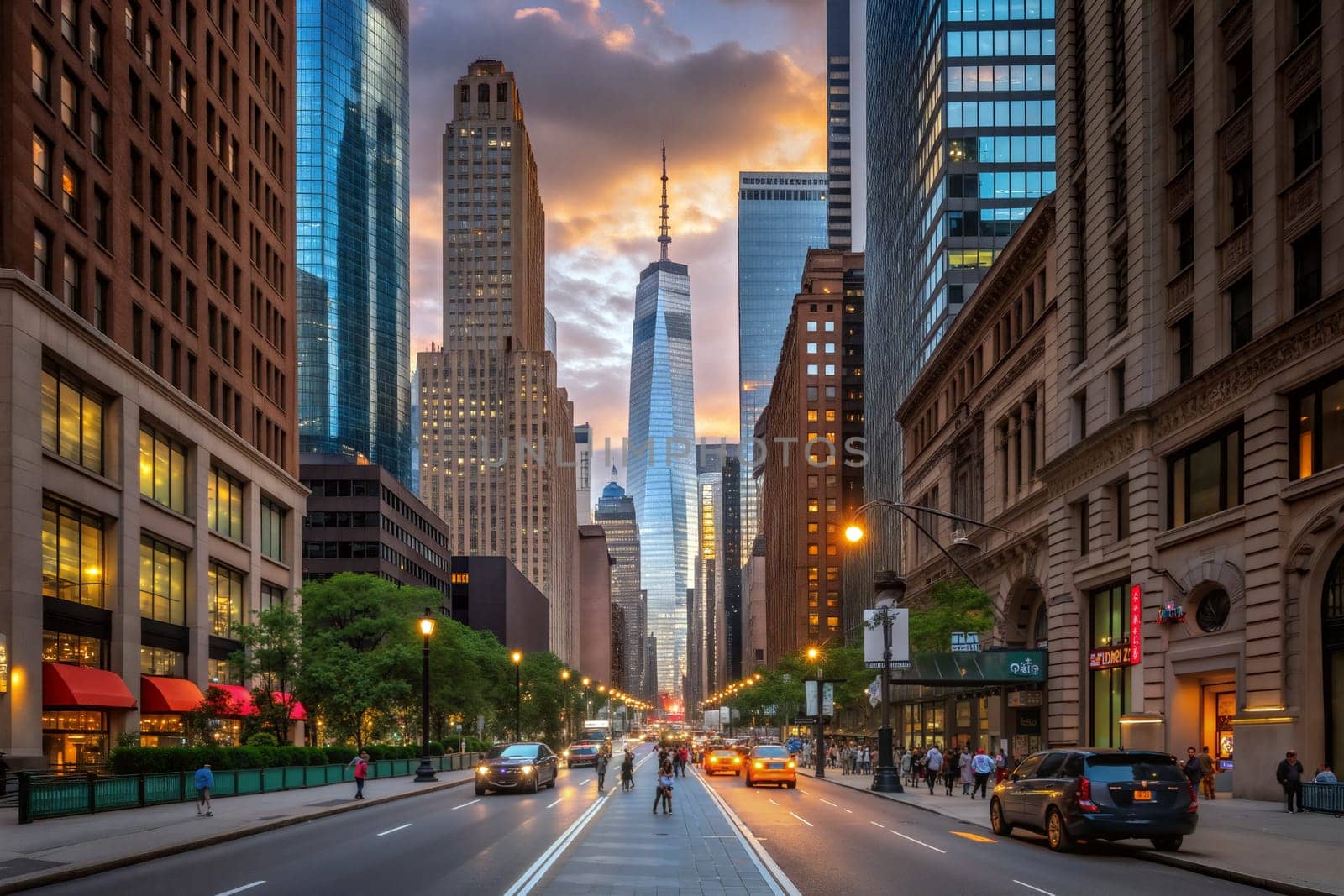 Sunset casts warm light on the skyline as people walk along a busy street flanked by towering skyscrapers and city life. Generative AI.