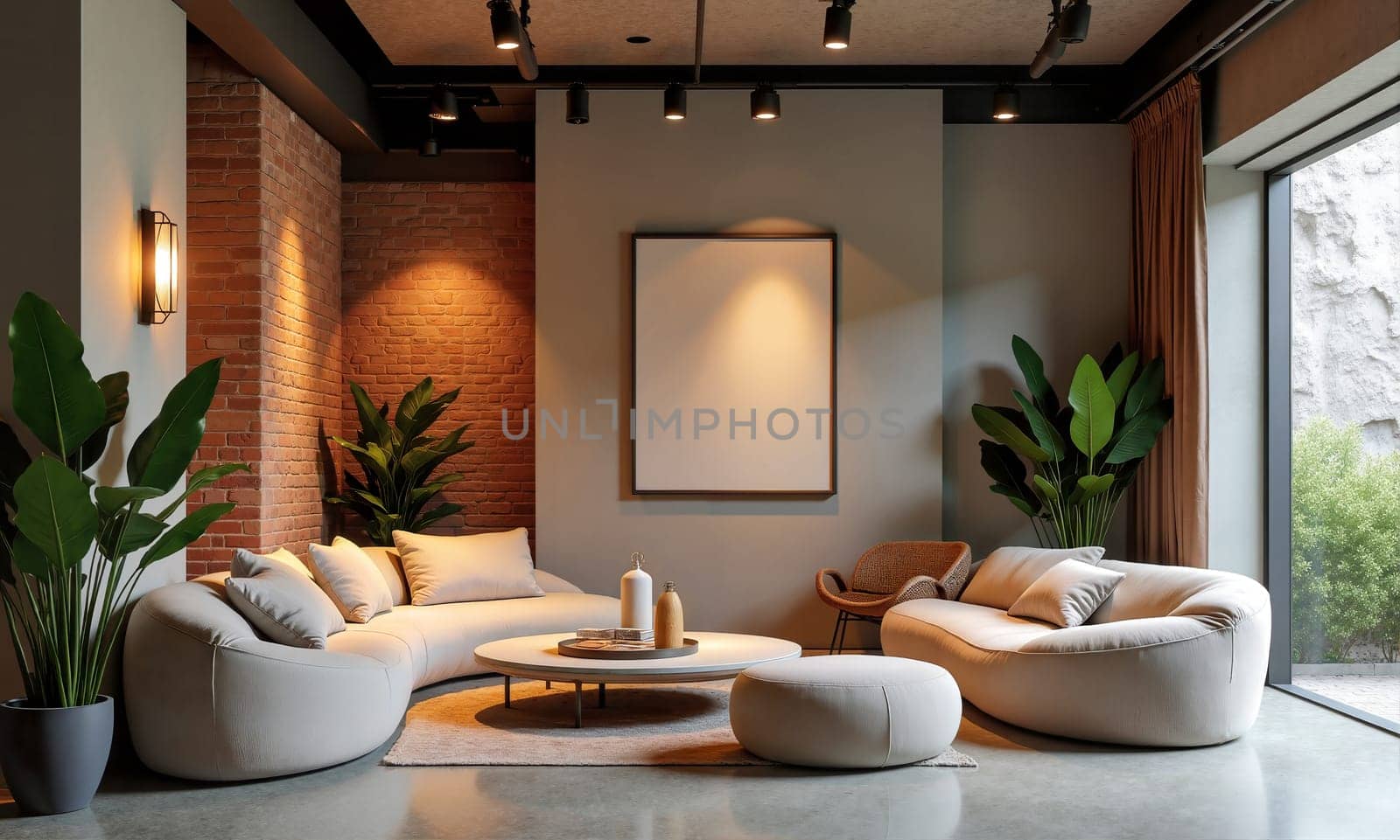 A contemporary living room showcases plush seating, warm lighting, and decorative plants, creating an inviting atmosphere for relaxation and socializing - Generative AI