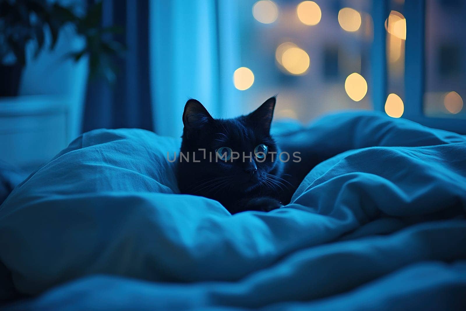A black cat lies in its owner's cozy bed at night and does not sleep.