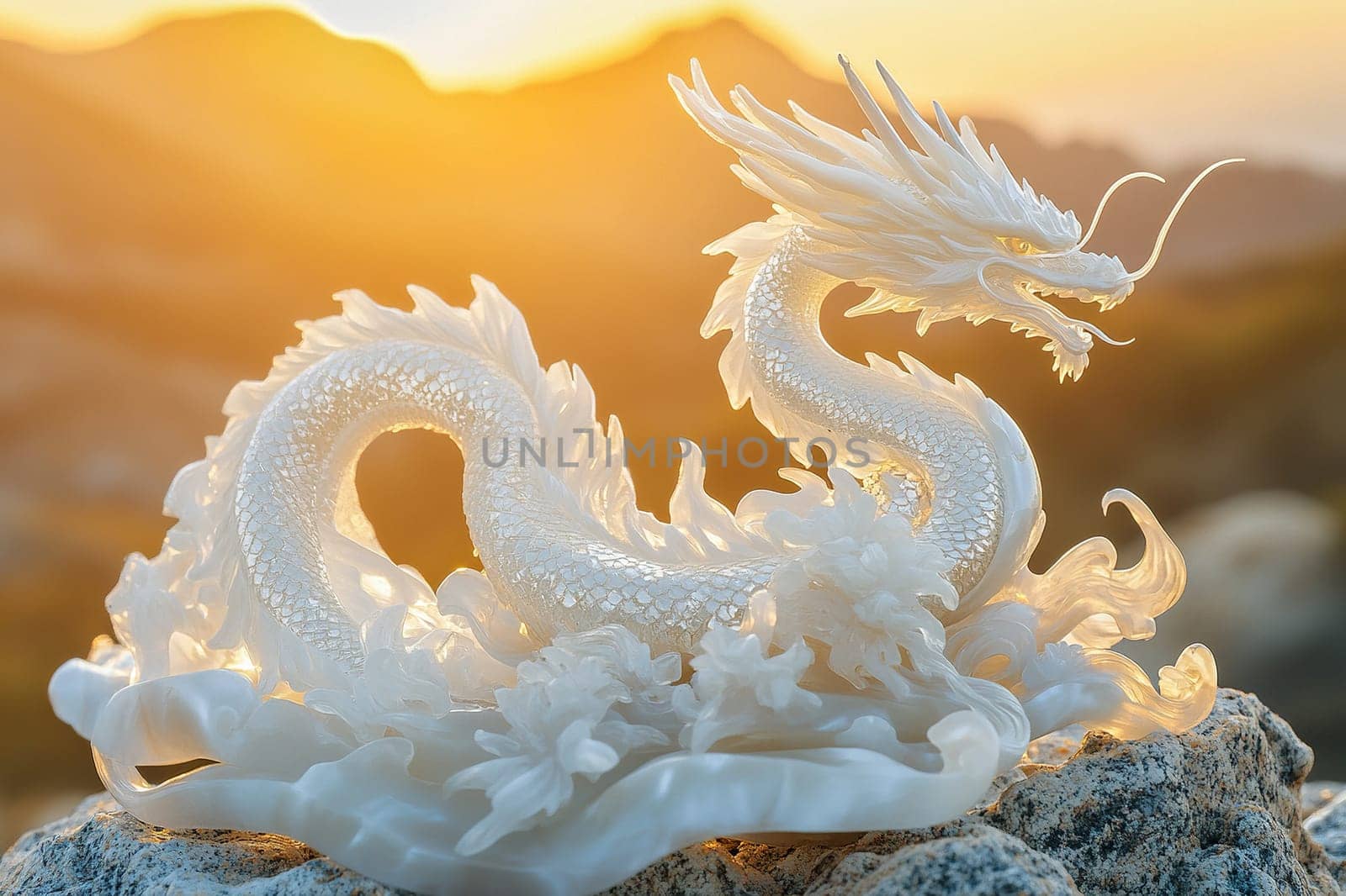 Mother of pearl dragon figurine on a rock in the mountains. Religious and spiritual symbol against the sunset.