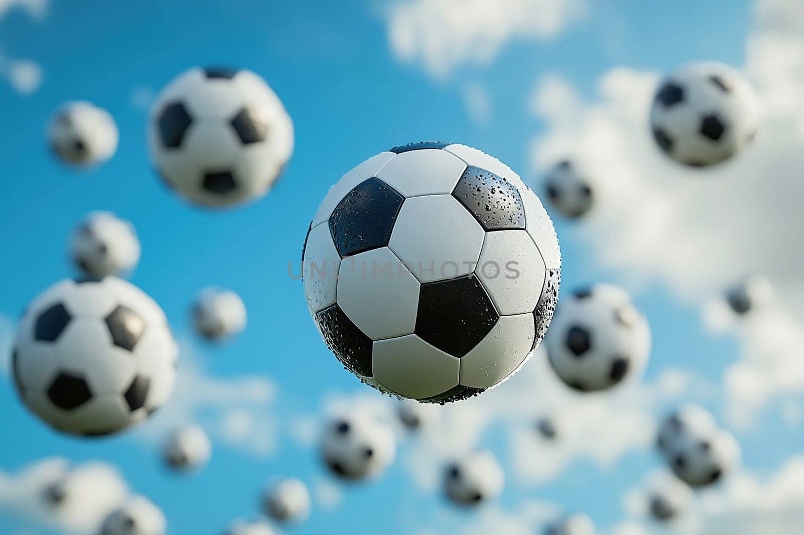 Group of classic black and white soccer balls floating in the sky