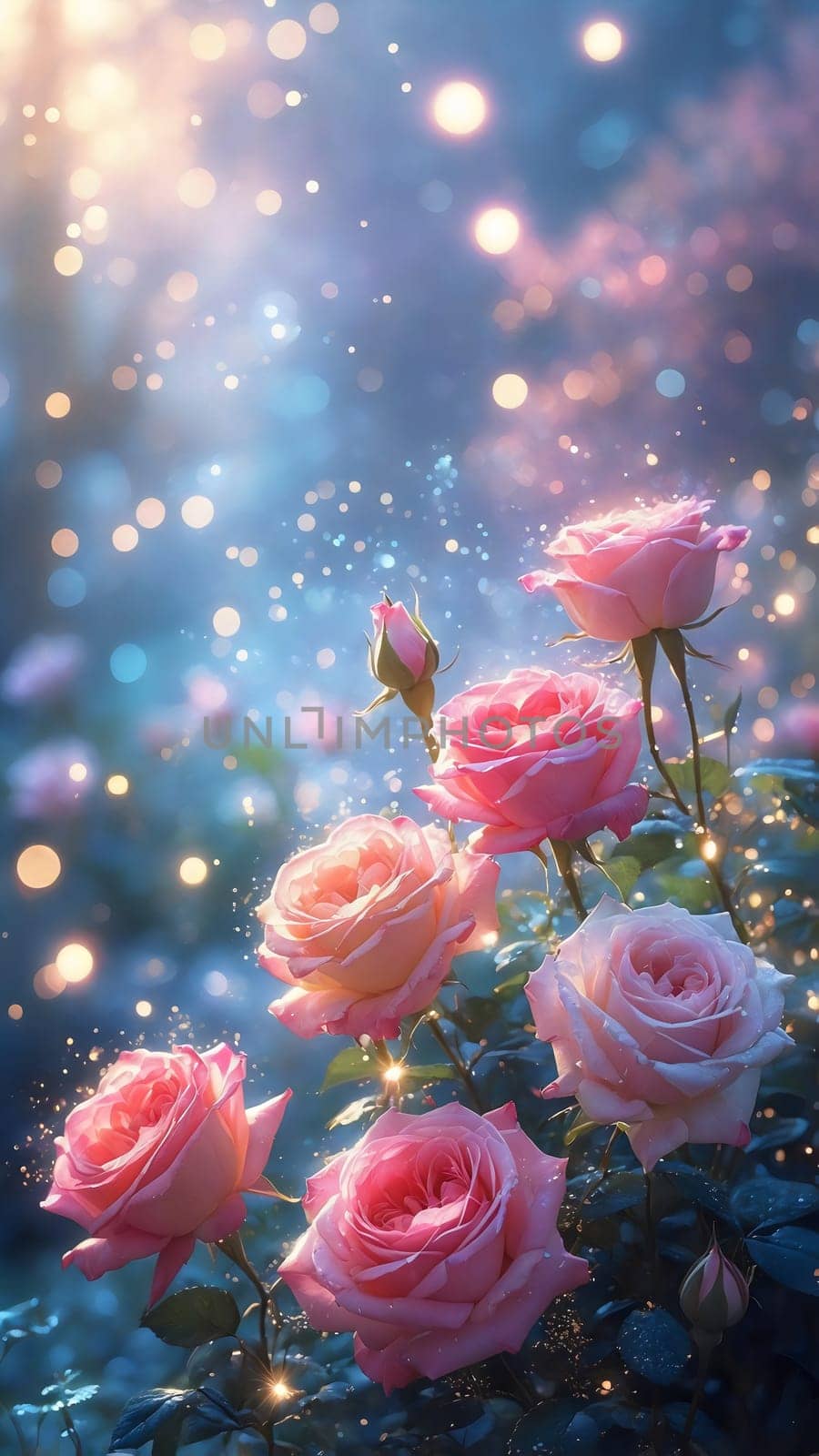 Lush garden displays vibrant roses in shades of pink, surrounded by soft bokeh effects and a mystical glow as evening sets in, creating a magical atmosphere.