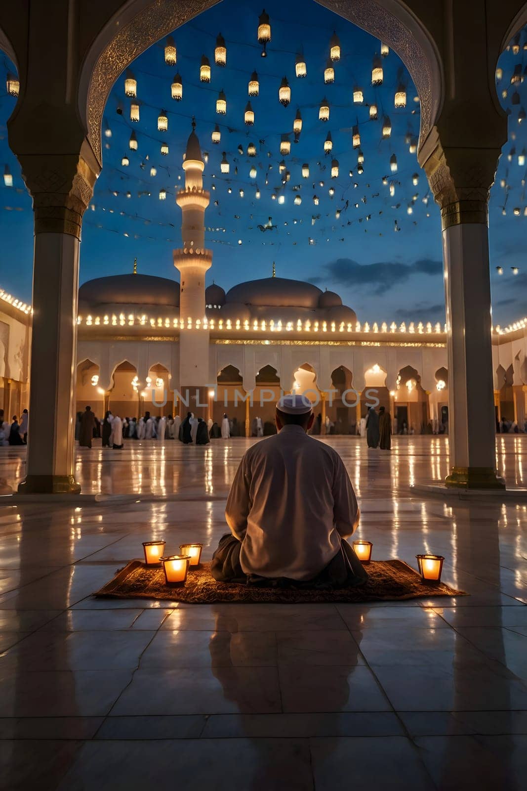 A person meditates peacefully on a mat surrounded by lit candles in a mosque courtyard, with lanterns hanging above. The serene atmosphere is accentuated by twilight.
